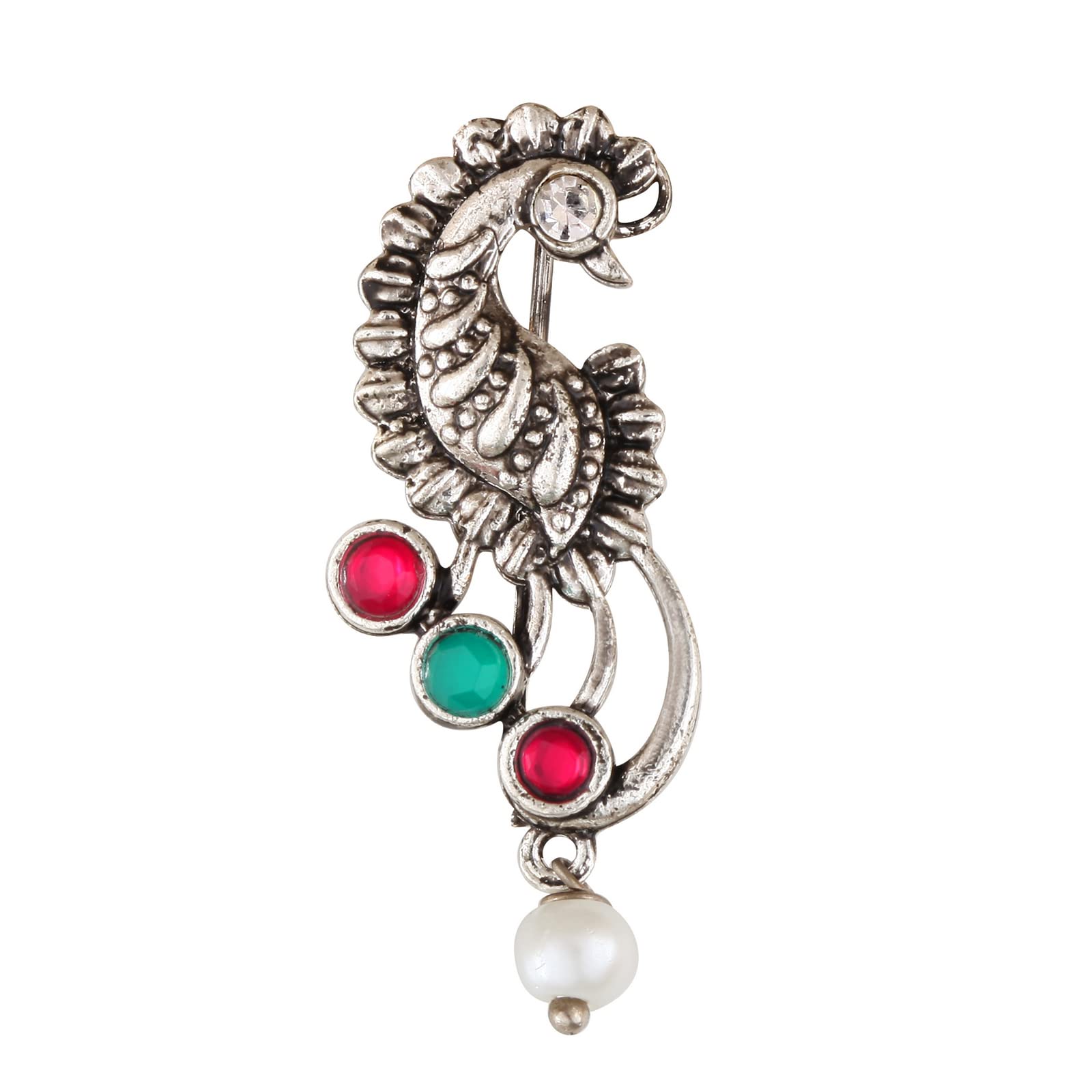 Vighnaharta Silver Plated Nose Ring with Pearls, Alloy & CZ Stones - Non-Piercing Maharashtrian Nathiya for Women | Valentine's Day Gift for Her, Bridal Jewelry, Indian Ethnic Wear Accessory [VFJ1075NTH-Press]