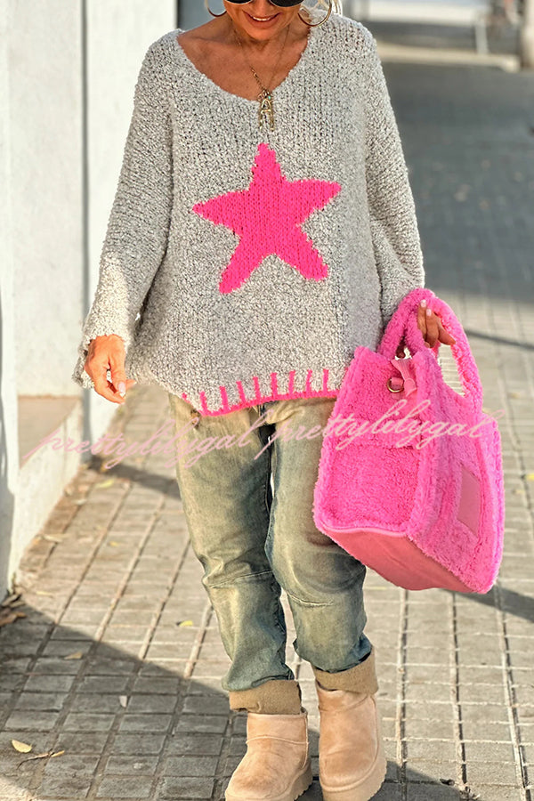 Cozy Winter Knit Sweater with Star Pattern & Contrast Colors - Loose Fit for Casual Outings, Holiday Gatherings & Cold Weather Fashion