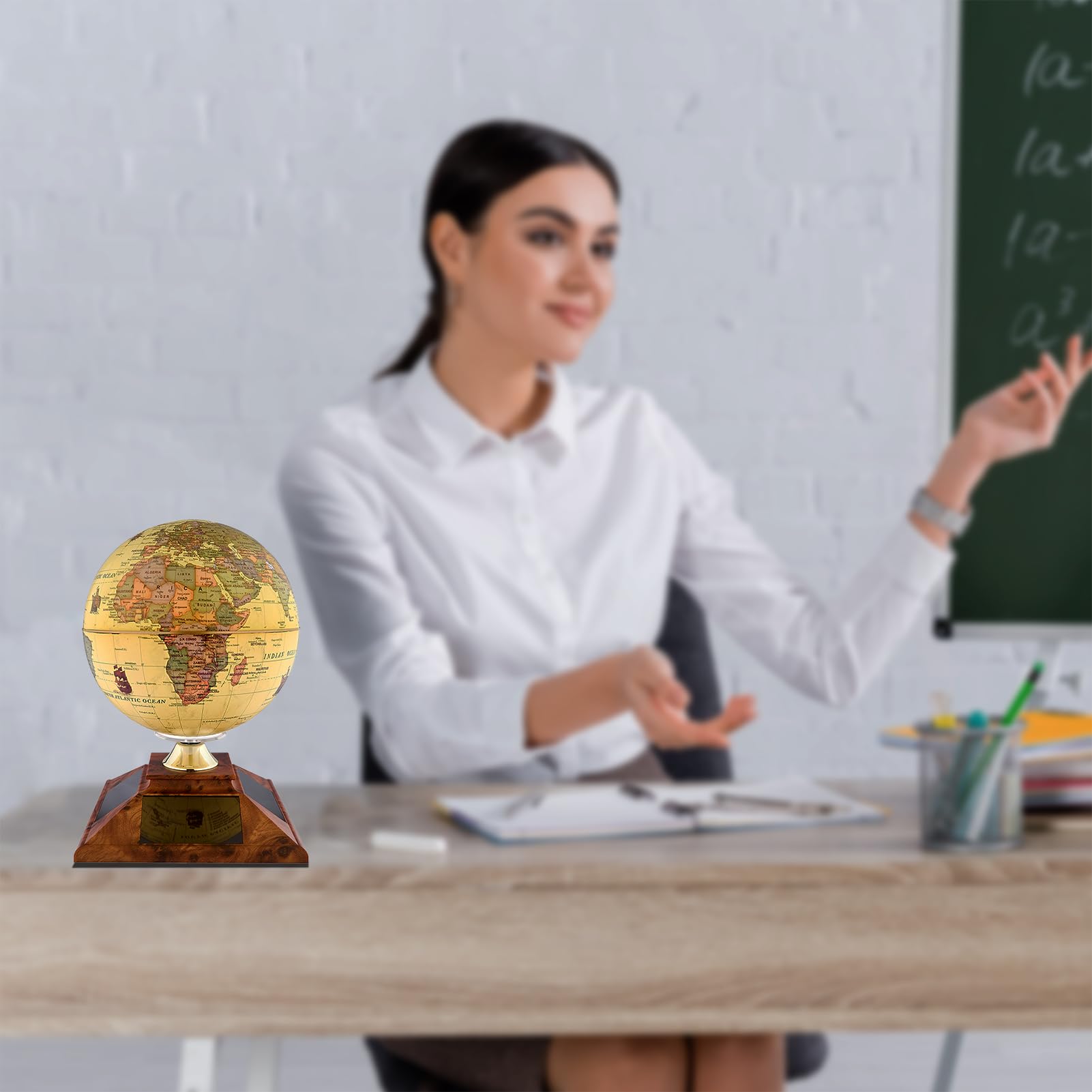 5.5 Inch Solar Powered Rotating World Globe - Educational Geographic Desktop Decor with Stand | No Batteries or Wires Needed | Perfect for Home Office, Classroom & Gift Giving (Beige)