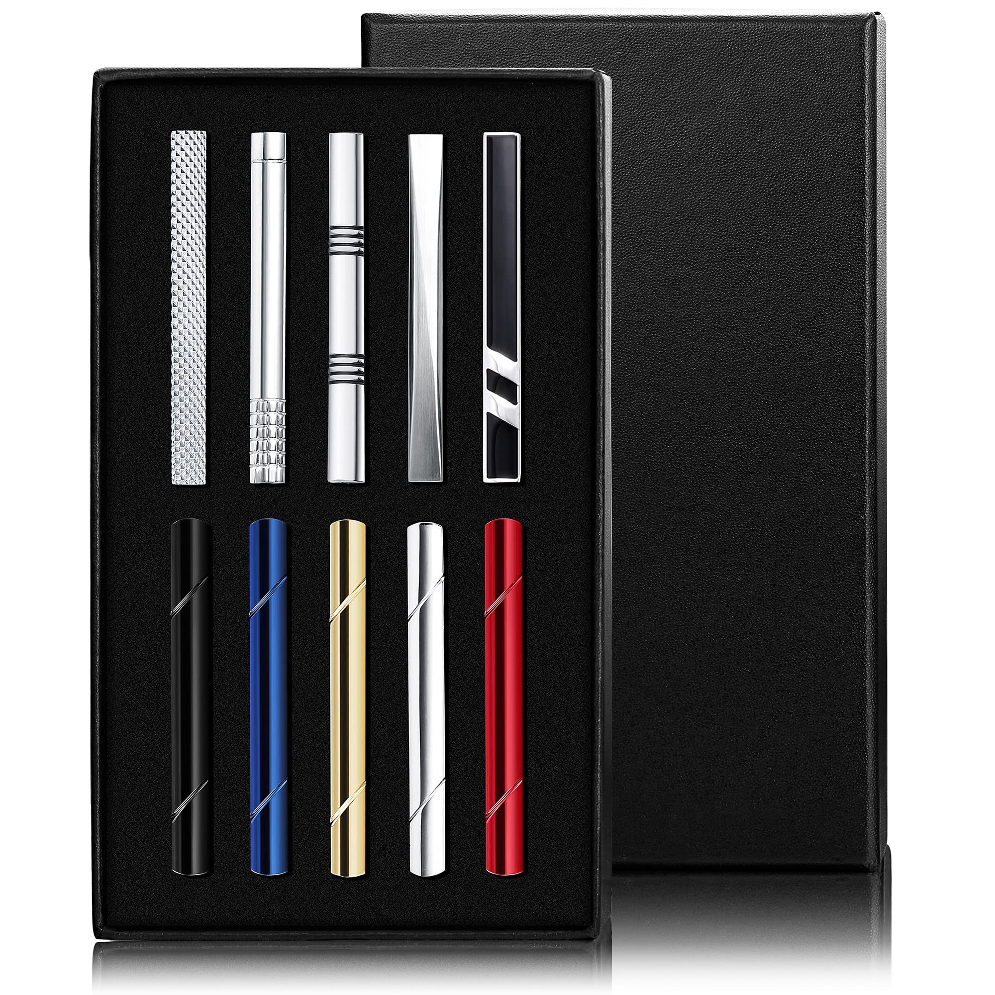 CASSIECA 10 Pcs Classic Tie Bars for Men - Stainless Steel Tie Clips Set for Regular Ties, Necktie Accessories for Wedding, Business, Formal Events - Gift Box Included | Perfect for Office, Interviews, Prom & Groomsmen Gifts