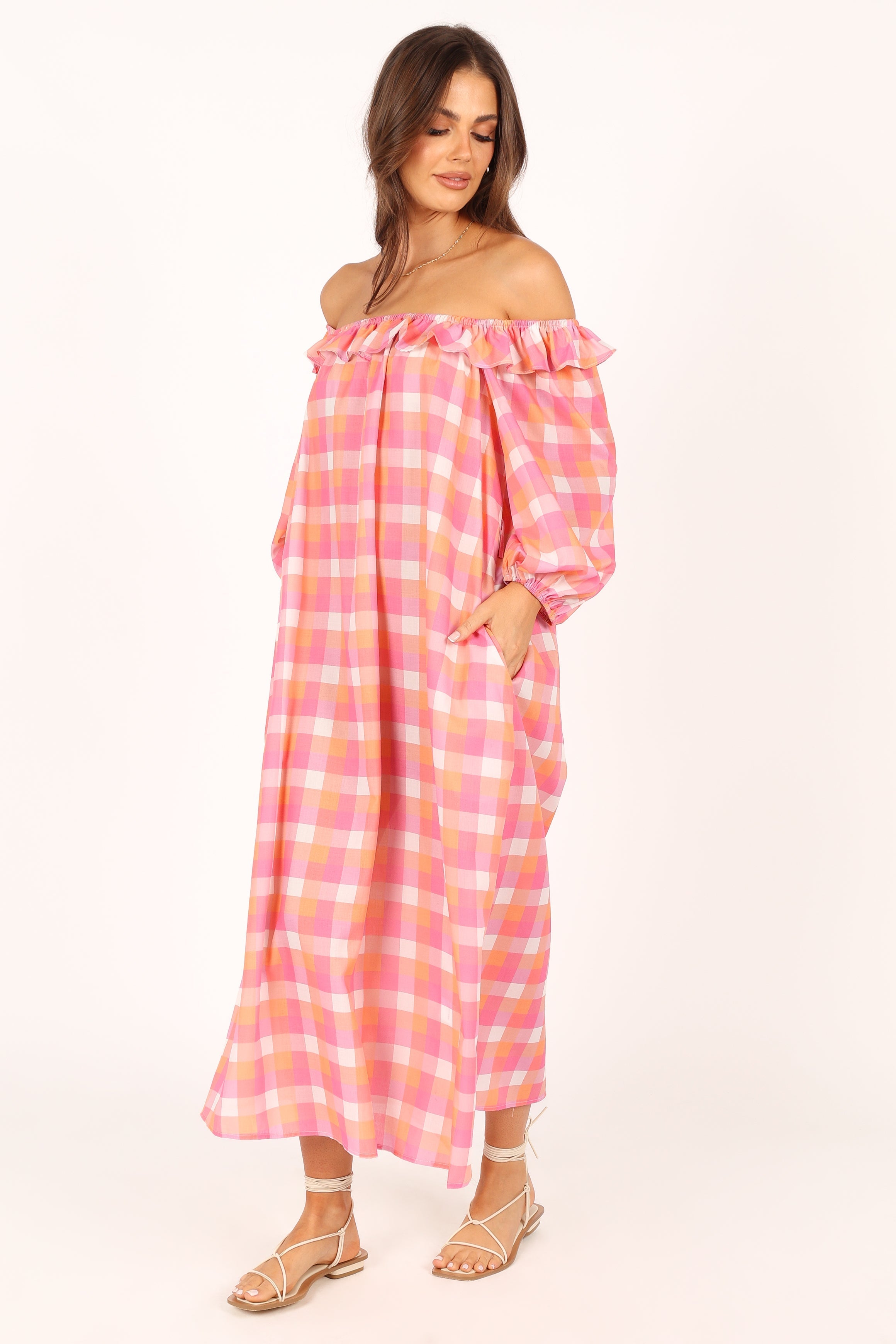 Georgia Off Shoulder Midi Dress - Pink Gingham Floral Summer Dress for Women, Perfect for Beach Vacation, Date Night & Outdoor Parties