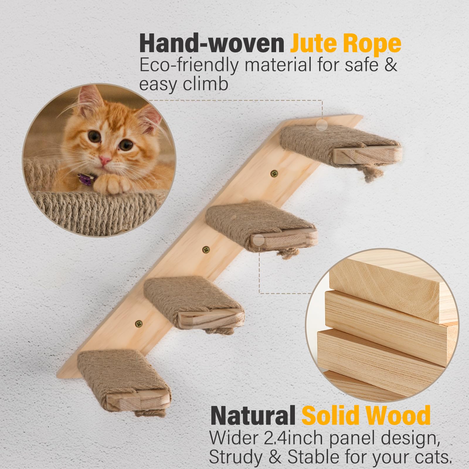 1 Pack 4-Step Cat Wall Shelves with Sisal Rope - Sturdy Cat Wall Steps & Climbing Tree Accessories, Large Size, Brown-White - Perfect for Indoor Cat Play & Exercise