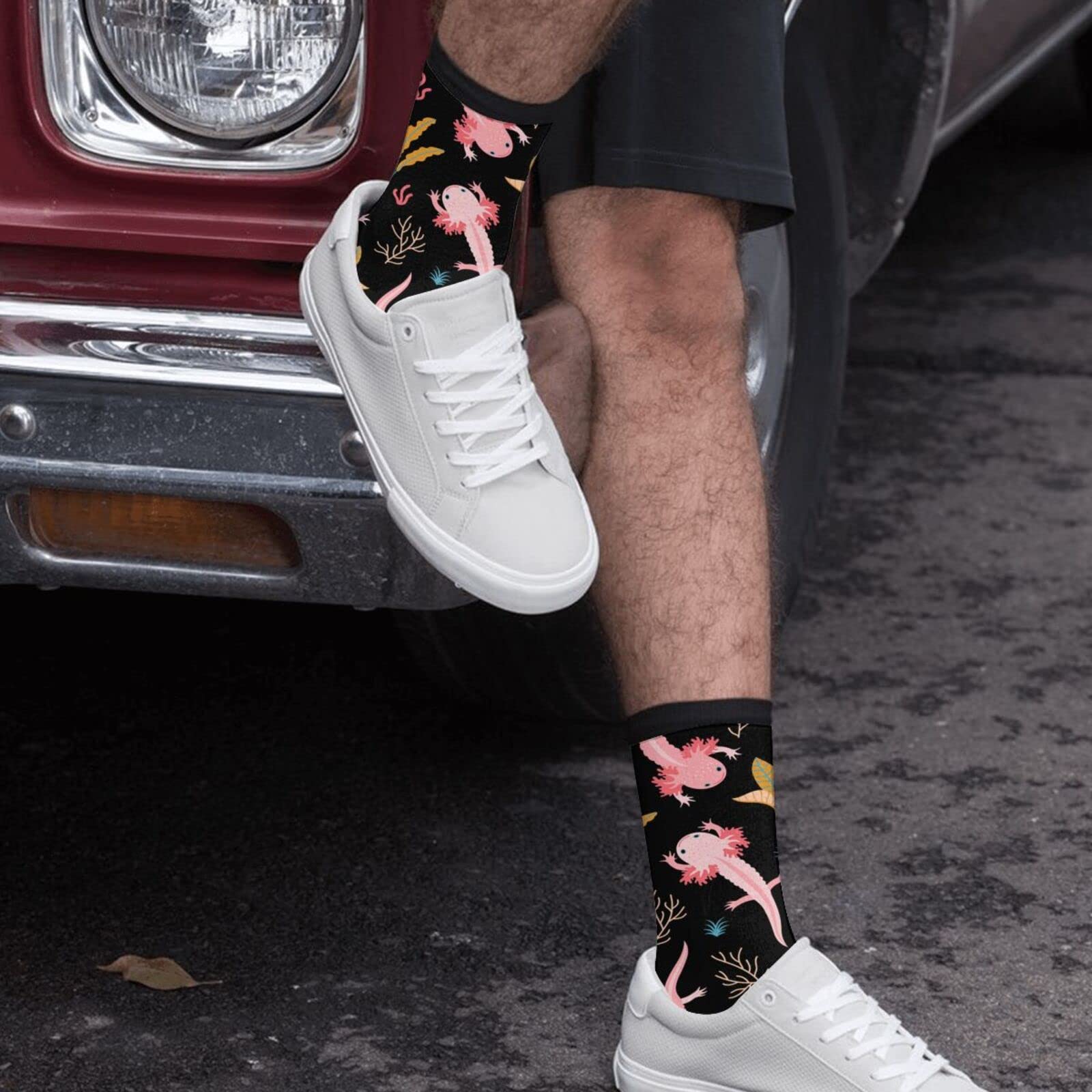 Funny Axolotl Print Crew Socks for Men & Women - Cute Salamander Dress Socks for Casual Wear, Cosplay & Gifts