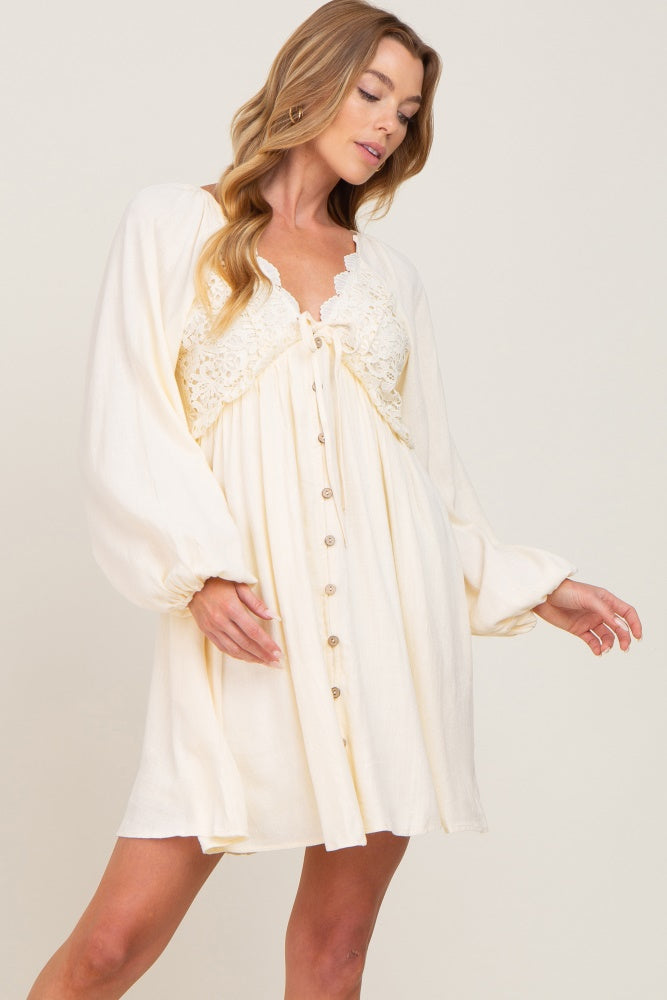 Beige Crochet Lace Button Front Maternity Dress for Pregnancy Photos, Baby Shower & Special Occasions - Comfortable Nursing Dress for Expecting Mothers