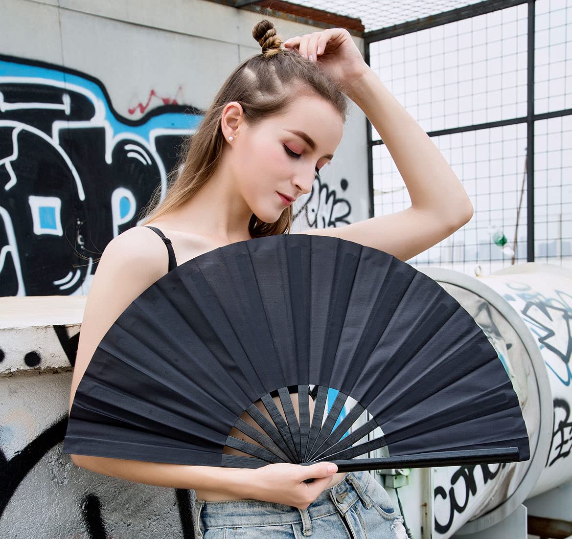 Amajiji Large Folding Hand Fan for Women & Men - Traditional Chinese Japanese Bamboo Nylon Cloth Fan - Perfect for Dance Performances, Festivals, Weddings, Home Decor & Gifts (Black) - Elegant Cooling Accessory for Summer Events & Cultural Celebrations
