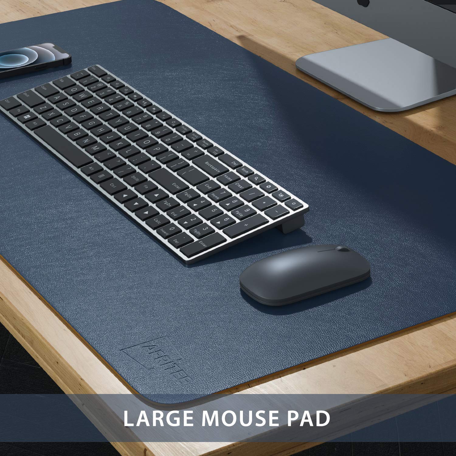 AFRITEE Dual-Sided PU Leather Desk Pad Protector - Large Waterproof Mouse Mat for Office, Home & Gaming - Smooth Writing Surface (Navy Blue/Yellow, 31.5