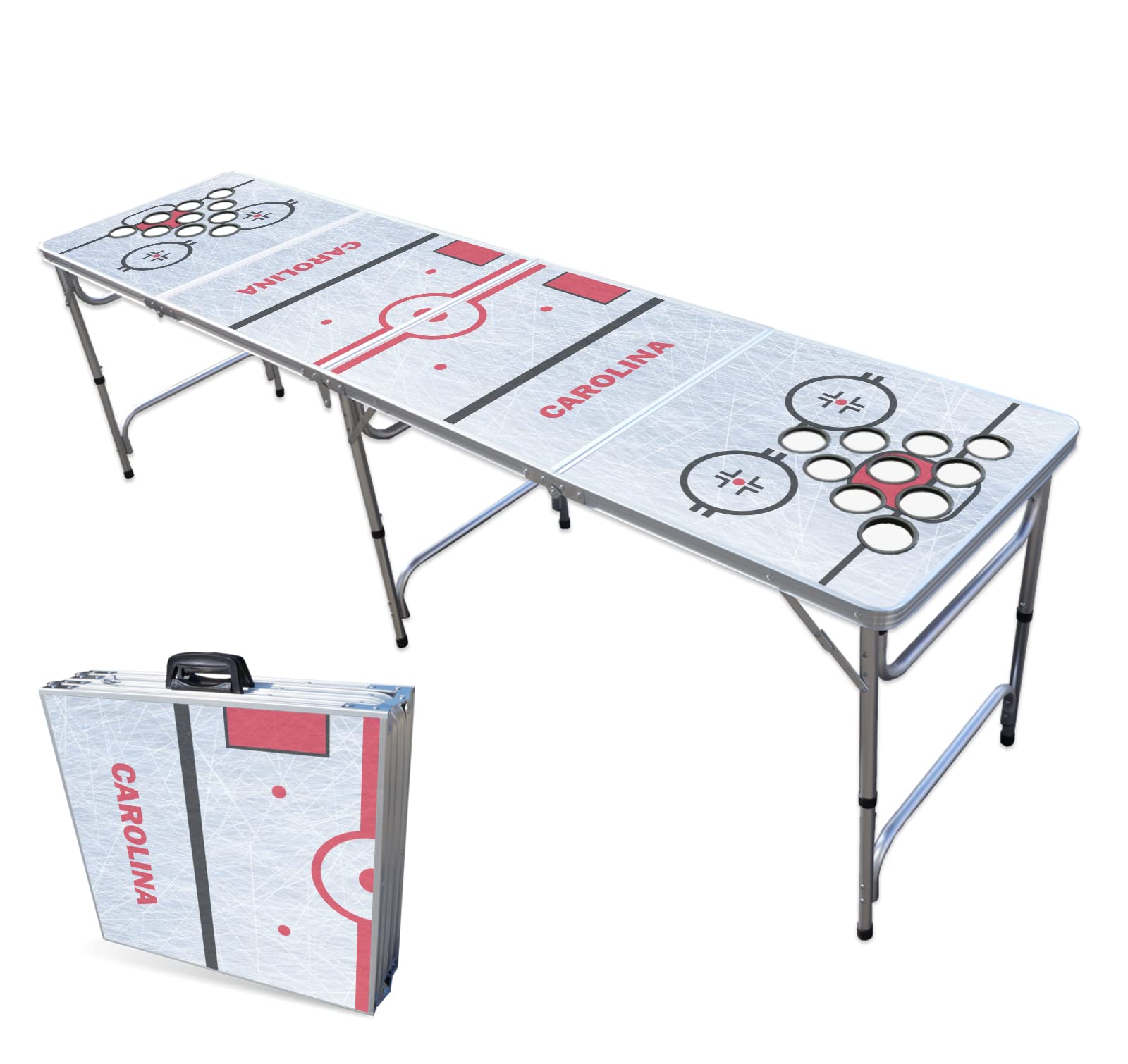 PARTYPONG 8-Foot Folding Portable Beer Pong Table with Optional Cup Holes & LED Lights - Carolina Hockey Rink Style (Multiple Models Available) - Perfect for College Parties, Tailgates & Backyard Games