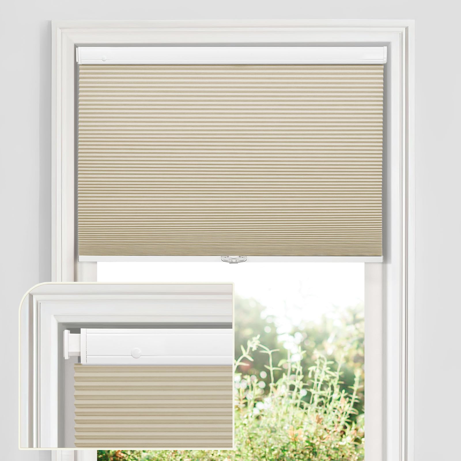 MiLin Cordless Cellular Shades - No Tools No Drill Window Blinds, Blackout Light Filtering for Indoor Windows, Magnetic Door Shades (Almond, 47.5