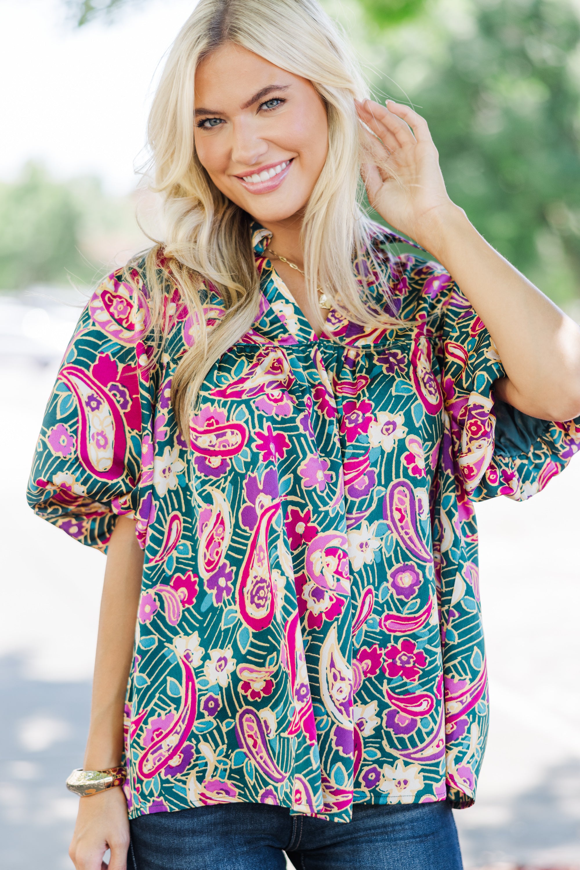 Elegant Emerald Green Paisley Blouse for Women - Vintage Floral Print Long Sleeve Shirt - Perfect for Office Wear, Date Night & Special Occasions