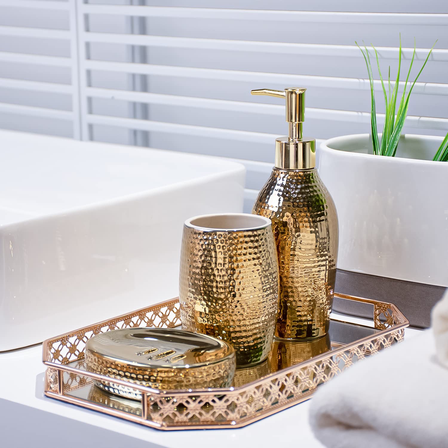 Luxury Gold Ceramic Bathroom Accessory Set - 3 Piece Decorative Soap Dispenser, Toothbrush Holder & Soap Dish for Modern Home Decor | Elegant Housewarming Gift for Bathroom, Vanity & Guest Room Organization