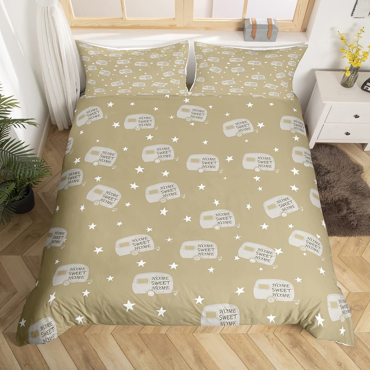 Happy Camping Duvet Cover Set King Size - Cute Farmhouse Travel Vacation Bedding for Kids, Girls & Boys | Soft & Cozy Stars Theme Comforter Cover | Perfect for Camping Themed Bedroom, Nursery Decor & Cozy Sleepovers