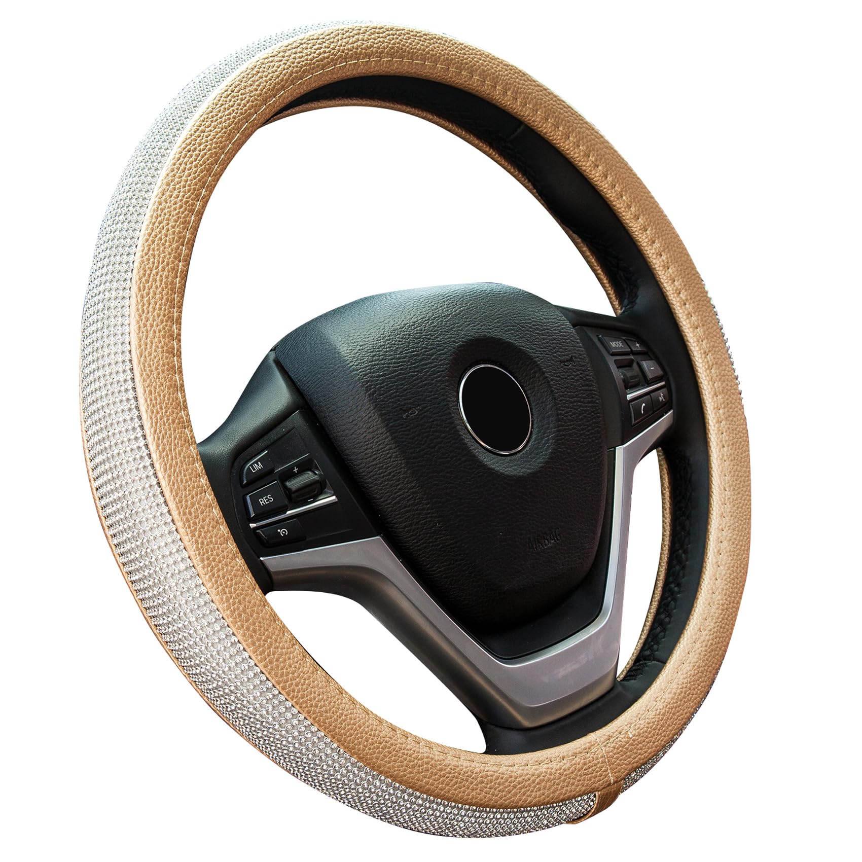 Diamond Rhinestone Leather Steering Wheel Cover - Universal 15 Inch Fit for Cars, SUVs & Trucks - Bling Crystal Design for Women & Girls (Gold) - Perfect for Luxury Cars, Gifts & Special Occasions