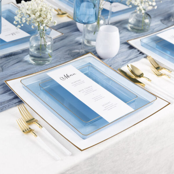 Blue and Gold Plastic Party Bundle - Square Edge Party Plates, Cups & Napkins for Birthday, Wedding & Holiday Celebrations