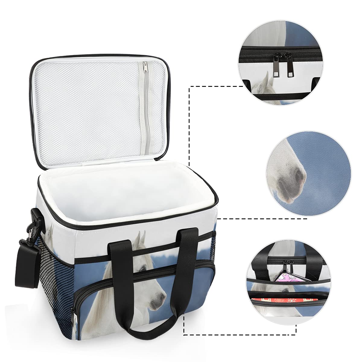 Large Insulated Cooler Bag for Camping, Picnic, Beach & Travel - Waterproof, Leakproof & Reusable Lunch Tote with White Horse Design | Perfect for Outdoor Adventures, Work Lunches & Family Outings