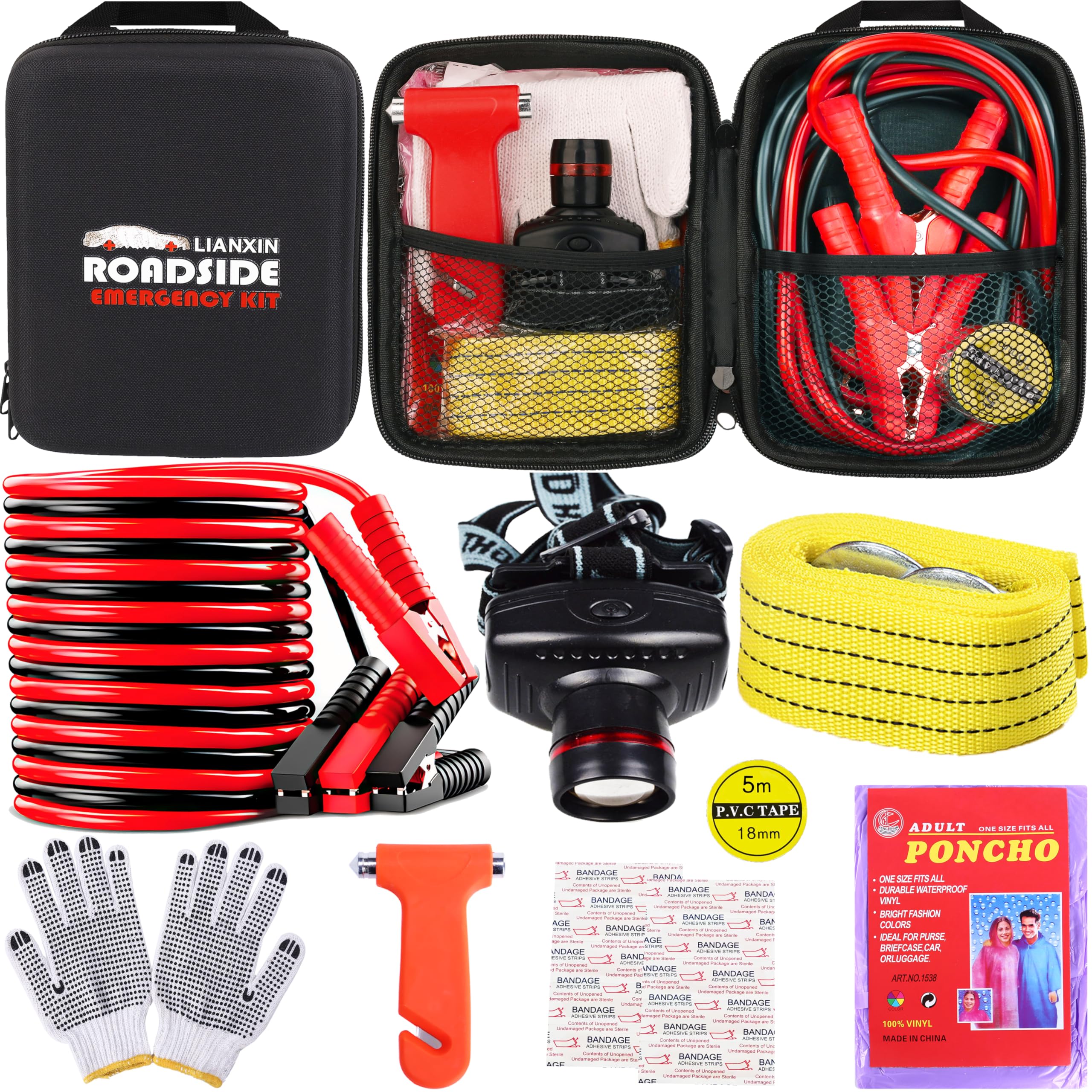 Premium Car Roadside Emergency Kit with Jumper Cables, Safety Hammer, Tow Straps & LED Headlamp | Complete Automotive Safety Kit for Roadside Assistance | Includes Rainwear & Gloves | Ideal for Winter Travel, Road Trips & Emergency Preparedness (Black)