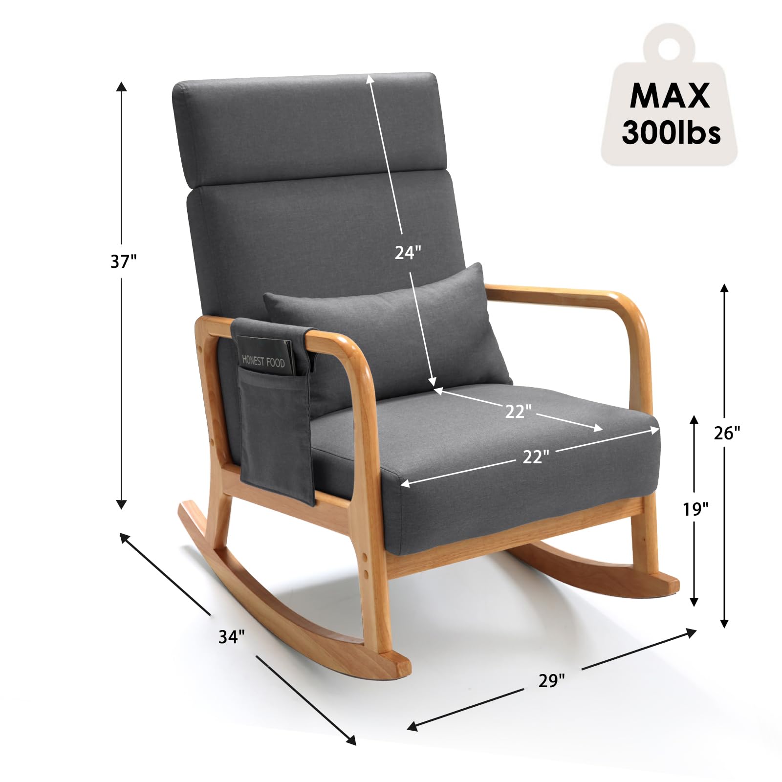 Comfortable Nursery Glider Rocking Chair with Pillow & Side Pocket - High Back Nursing Chair, Solid Wood Rocker Armchair for Bedroom & Living Room (Grey) - Perfect for Breastfeeding, Reading & Relaxing