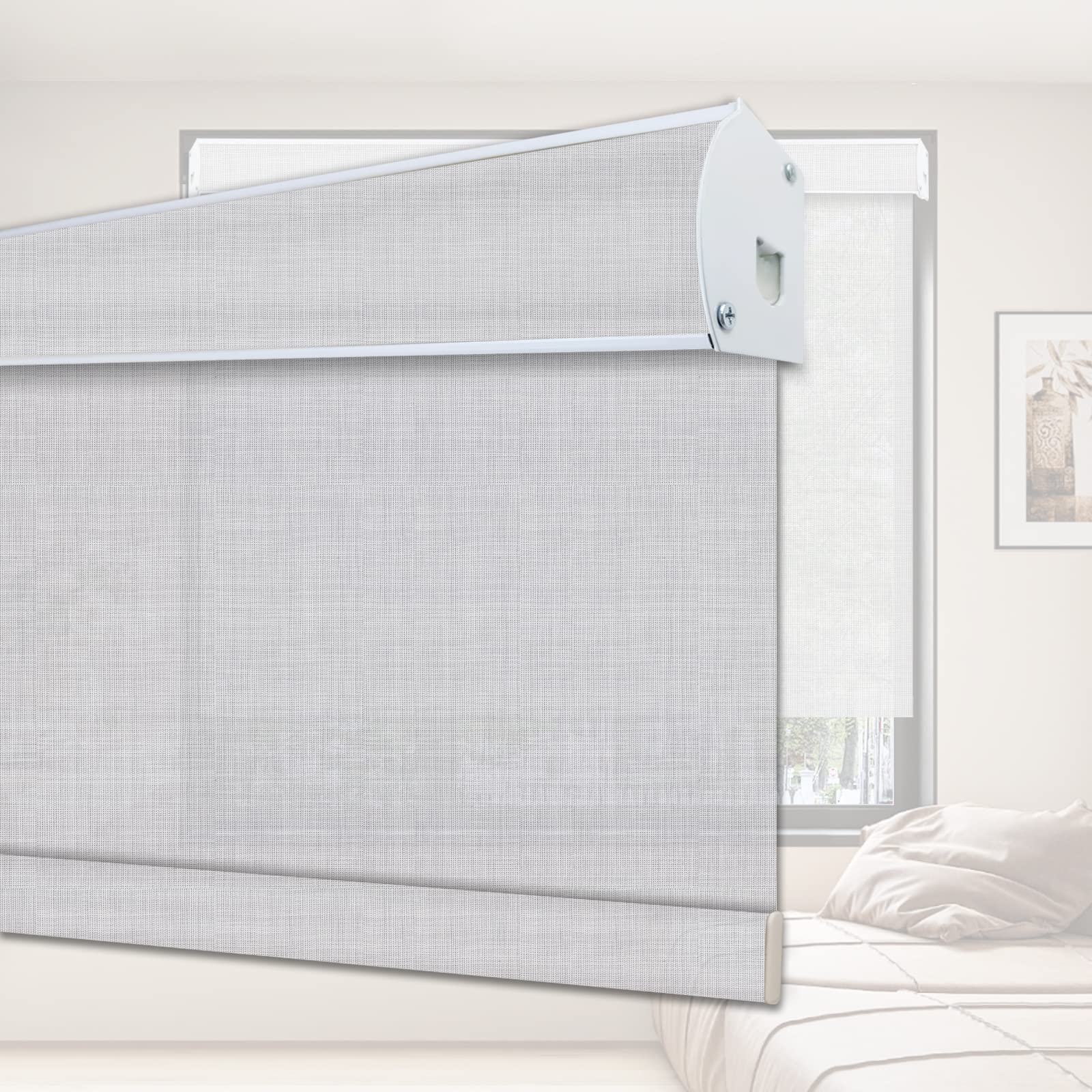 Cordless Window Blinds Roller Shades - Light Filtering Hemp Grey Custom Solar Shades | Flame Retardant & Waterproof | Transparent View | Perfect for Living Room, Bedroom & Office Windows