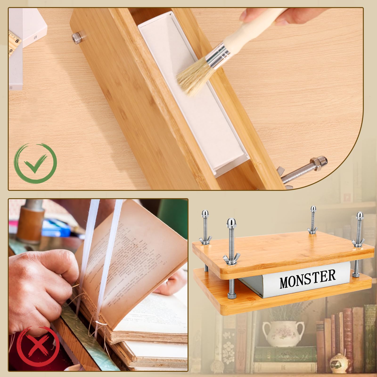 Hugestar Wooden Bamboo Book Press with 23-Piece Bookbinding Kit - 11.6 x 7.8 Inch DIY Book Press for Handmade Journals, Photo Albums & Scrapbooks - Perfect for Bookbinding, Restoration & Craft Projects
