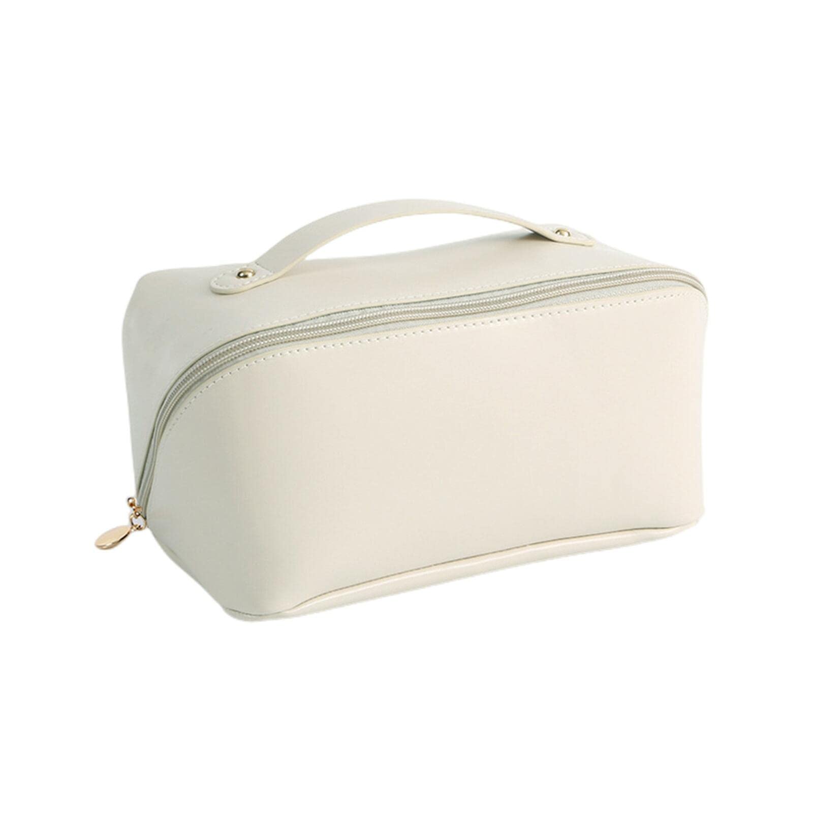Large Capacity Waterproof Leather Cosmetic Bag for Women - Travel Toiletry Organizer with Portable Design, Perfect for Makeup Storage & Weekend Getaways (White)