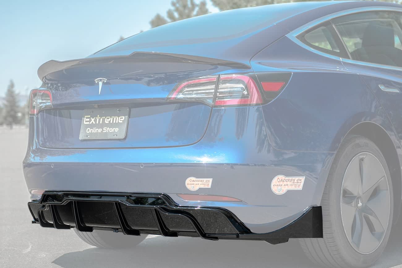 Tesla Model 3 Rear Bumper Diffuser (2017-2023) - Performance Track Style ABS Plastic Glossy Black with Side Splitter Apron Pair | Perfect for Car Upgrades & Street Racing Style Enhancement