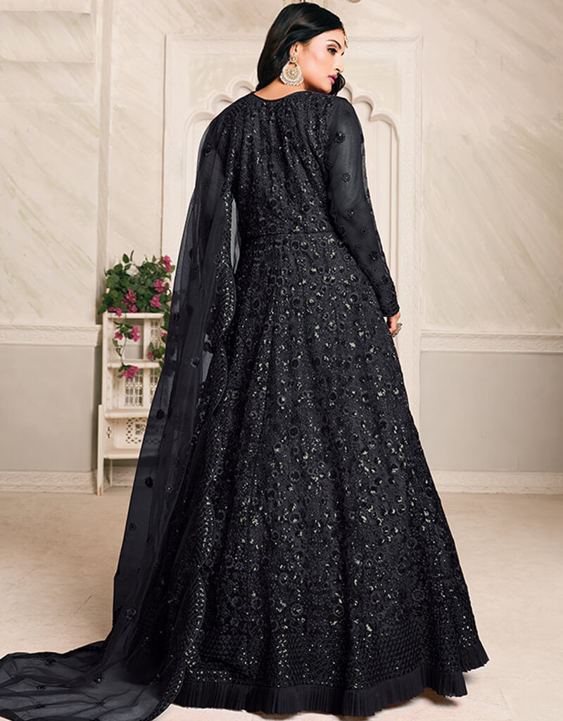 Elegant Black Net Anarkali Dress for Women - Traditional Indian Party Wear for Festivals, Weddings & Special Occasions