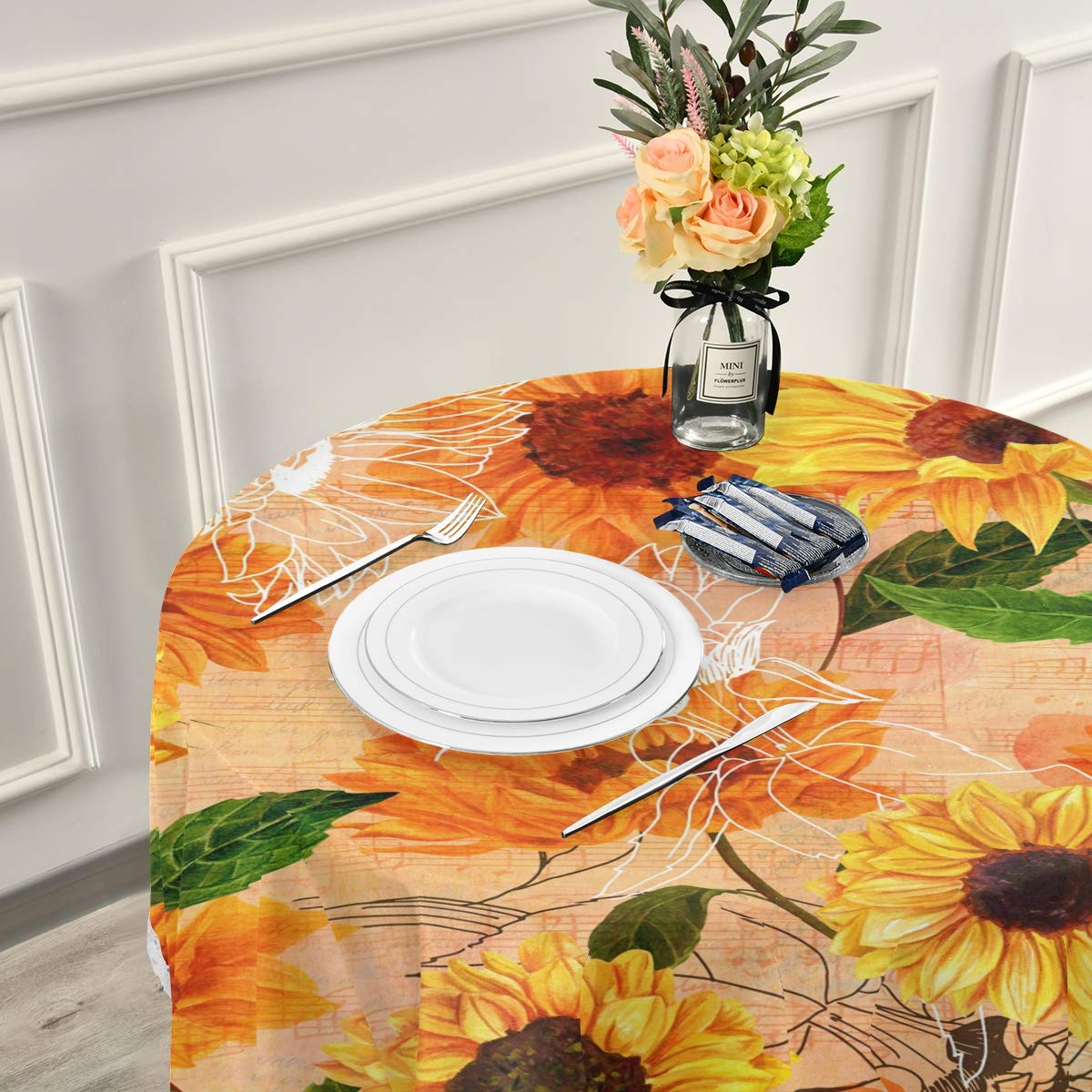 Vintage Sunflowers Floral 60 x 60 Inch Round Tablecloth with Elastic Edge - Wrinkle-Resistant Dining Table Cover for Kitchen, Party & Outdoor Events - Perfect for Weddings, Picnics and Holiday Gatherings