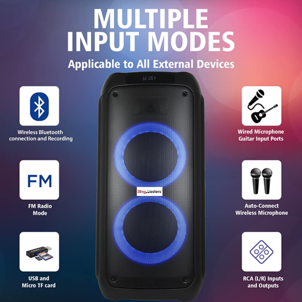 Portable Party Box Karaoke Machine with Bluetooth, DJ Lights & 2 UHF Wireless Microphones - PA System for Kids & Adults, Recording Function - Perfect for Home Parties, Outdoor Gatherings & Birthday Gifts