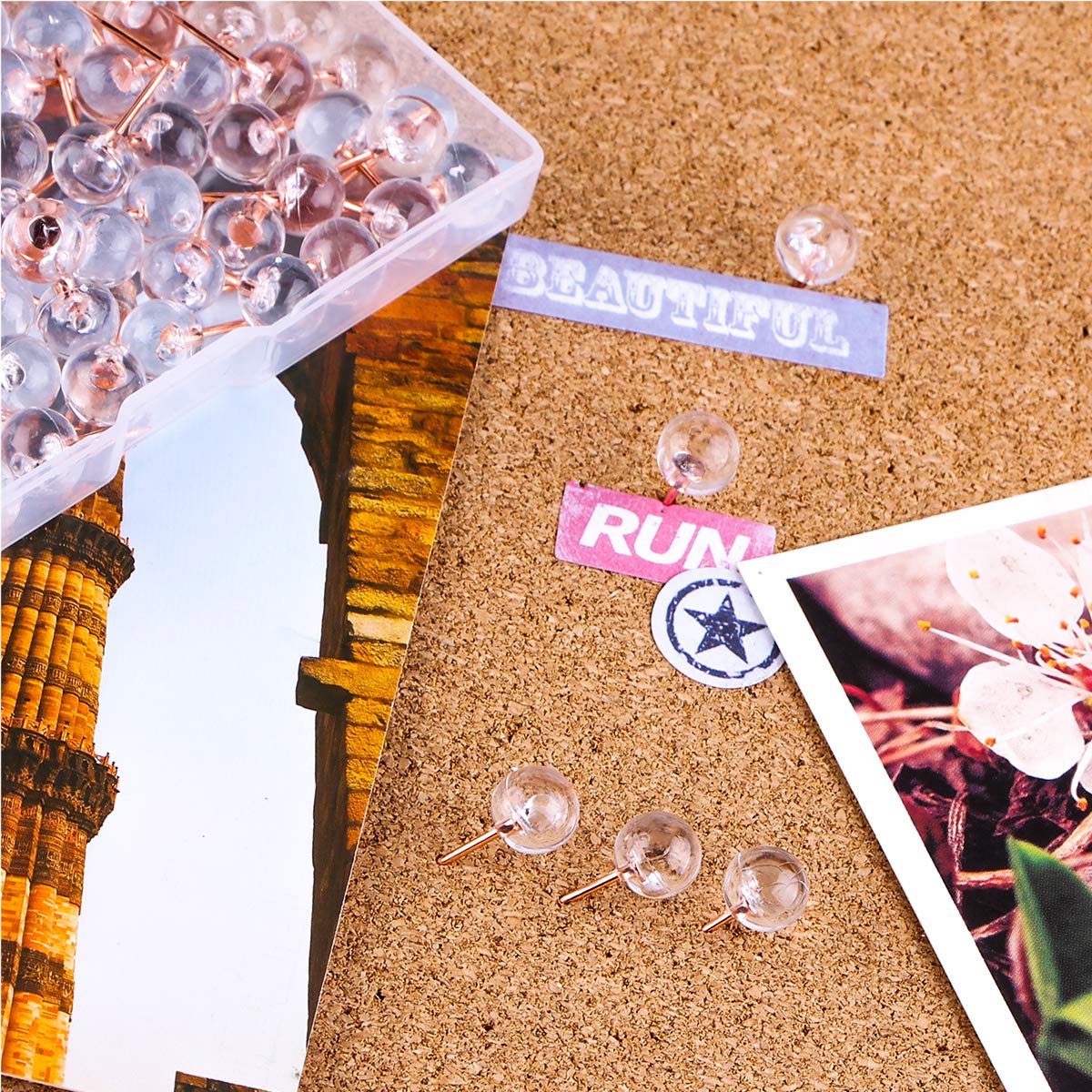 Yalis Push Pins - 100-Pack 1/3 Inch Rose Gold Map Tacks with Steel Point & Clear Plastic Round Head | Large Size Bulletin Board Pins for Office, Home, School & Corkboard Organization