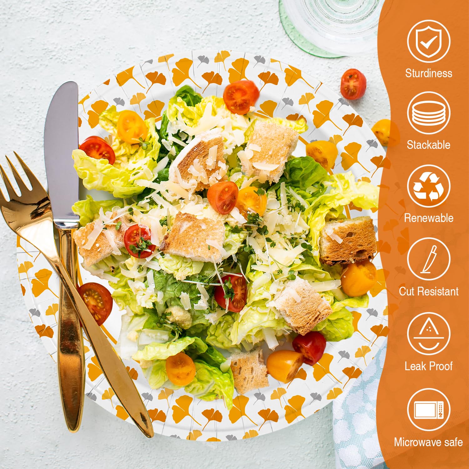 Premium 8.5 Inch Disposable Paper Plates - Bulk Pack of 150 Heavy Duty Gingko Leaf Design Plates for Parties, BBQs, Picnics & Family Dinners - Sturdy Eco-Friendly Dinnerware for Outdoor Events & Home Entertaining