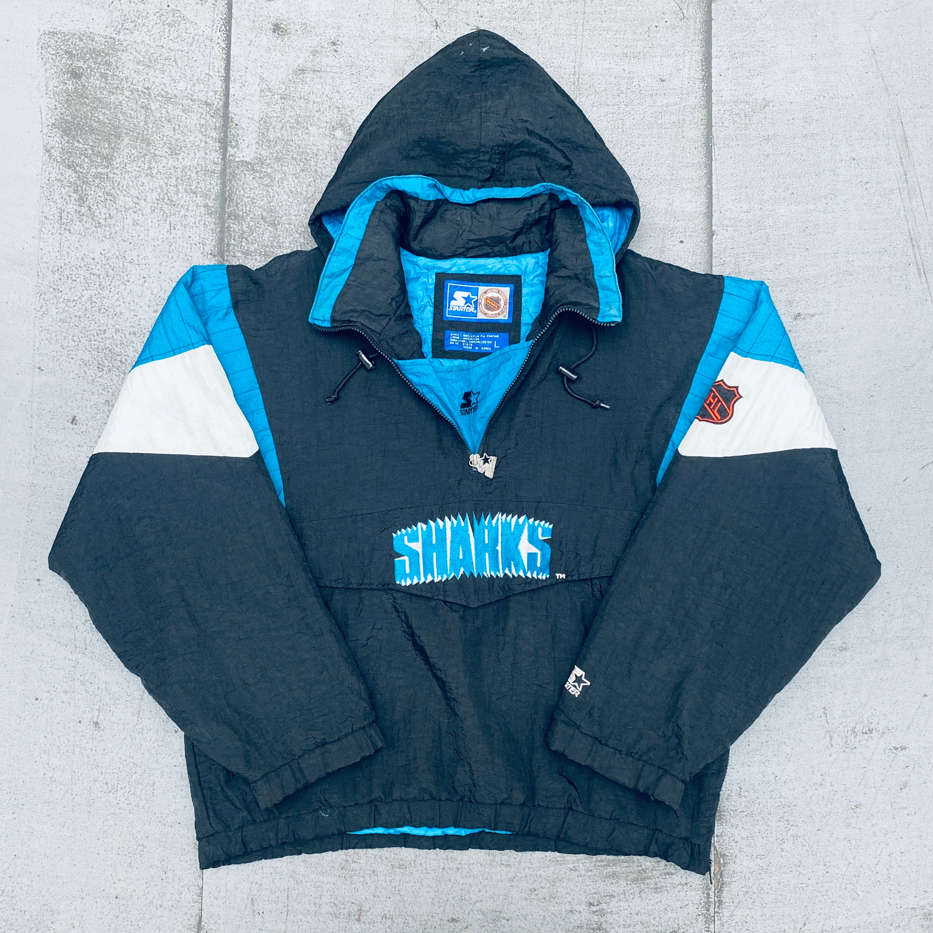 San Jose Sharks 1990s Vintage 1/4 Zip Breakaway Jacket - NHL Hockey Starter Pullover (Large/XL) - Perfect for Game Day, Fan Gear & Retro Sports Fashion