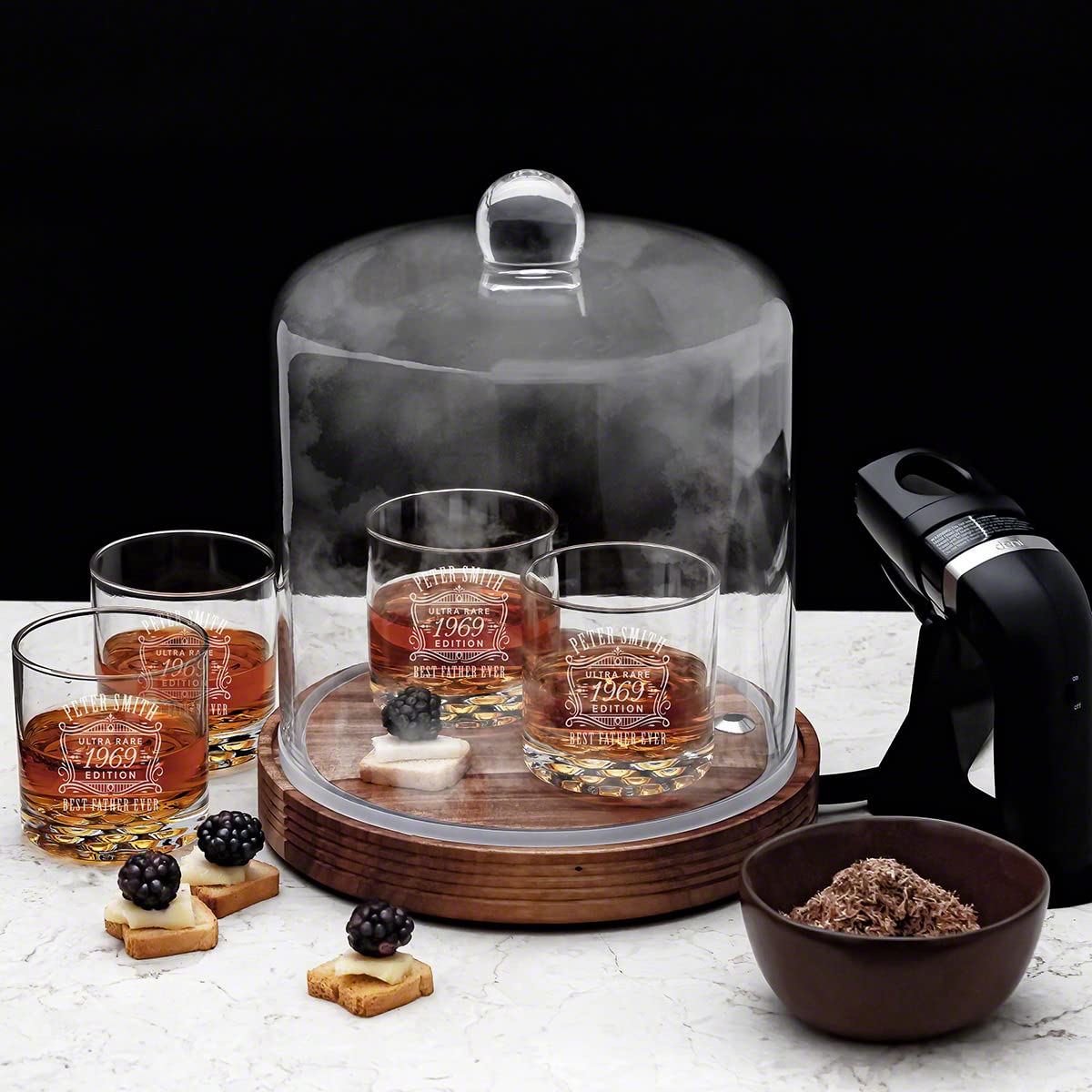 Ultra Rare Engraved Whiskey Glasses Set with Cocktail Smoker Kit - Personalized Barware Gift for Men | HomeWetBar Premium Drinking Glasses for Bourbon, Scotch & Whiskey Tasting | Perfect for Home Bars, Parties & Special Occasions