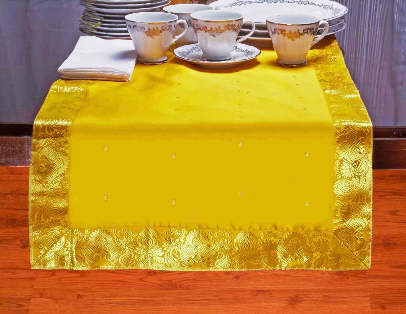 Handmade Indian Silk Sari Table Runner with Golden Borders - Sunny Yellow Wedding Reception & Party Decor (14x70 Inches) | Perfect for Dining Table Decorations, Festive Celebrations & Home Décor