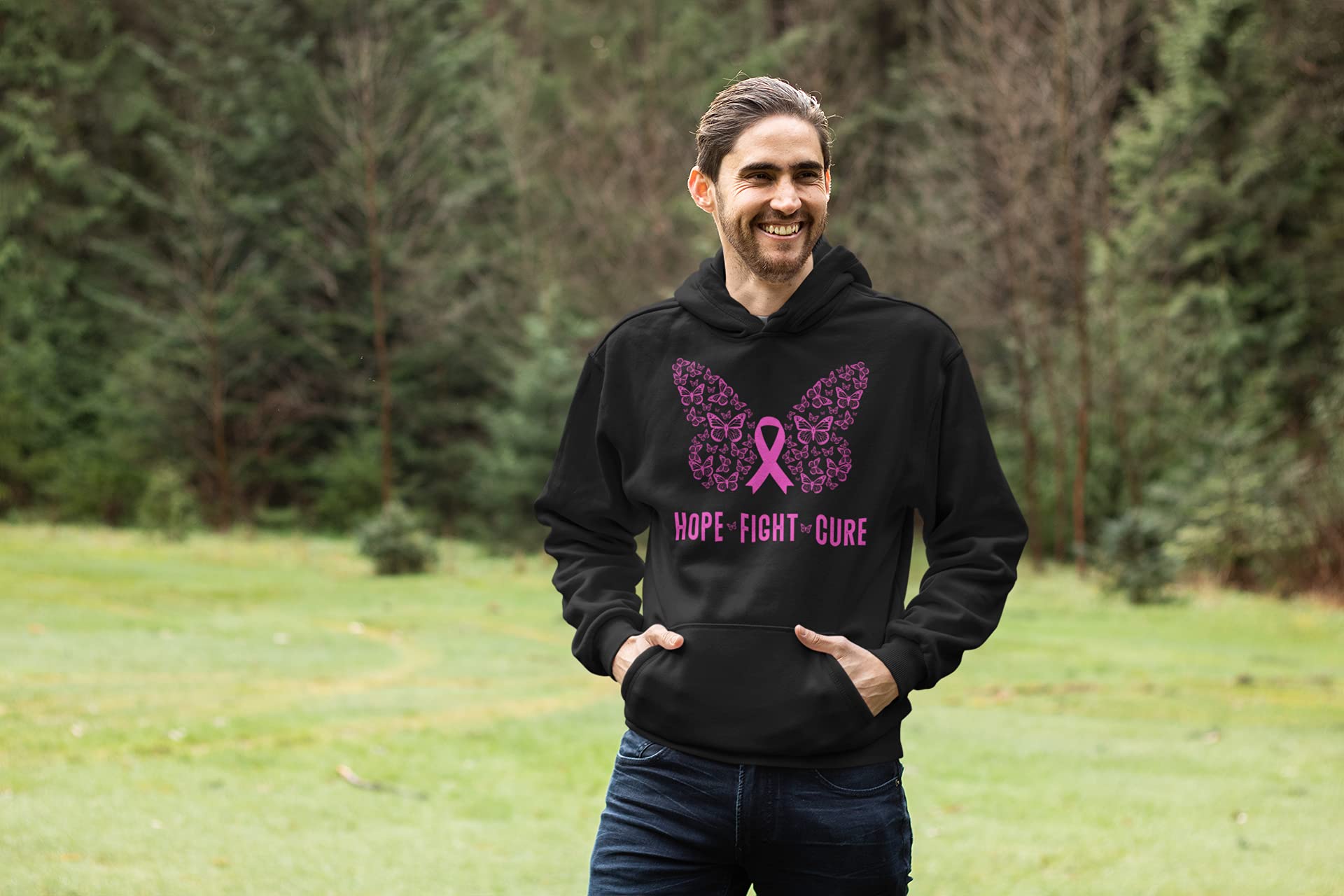 Kropsis Butterfly Ribbon Pink Hope Fight Cure Breast Cancer Awareness Support Hooded Sweatshirt - Comfortable Women's Hoodie for Cancer Survivors & Supporters, Perfect for Fundraising Events & Everyday Wear