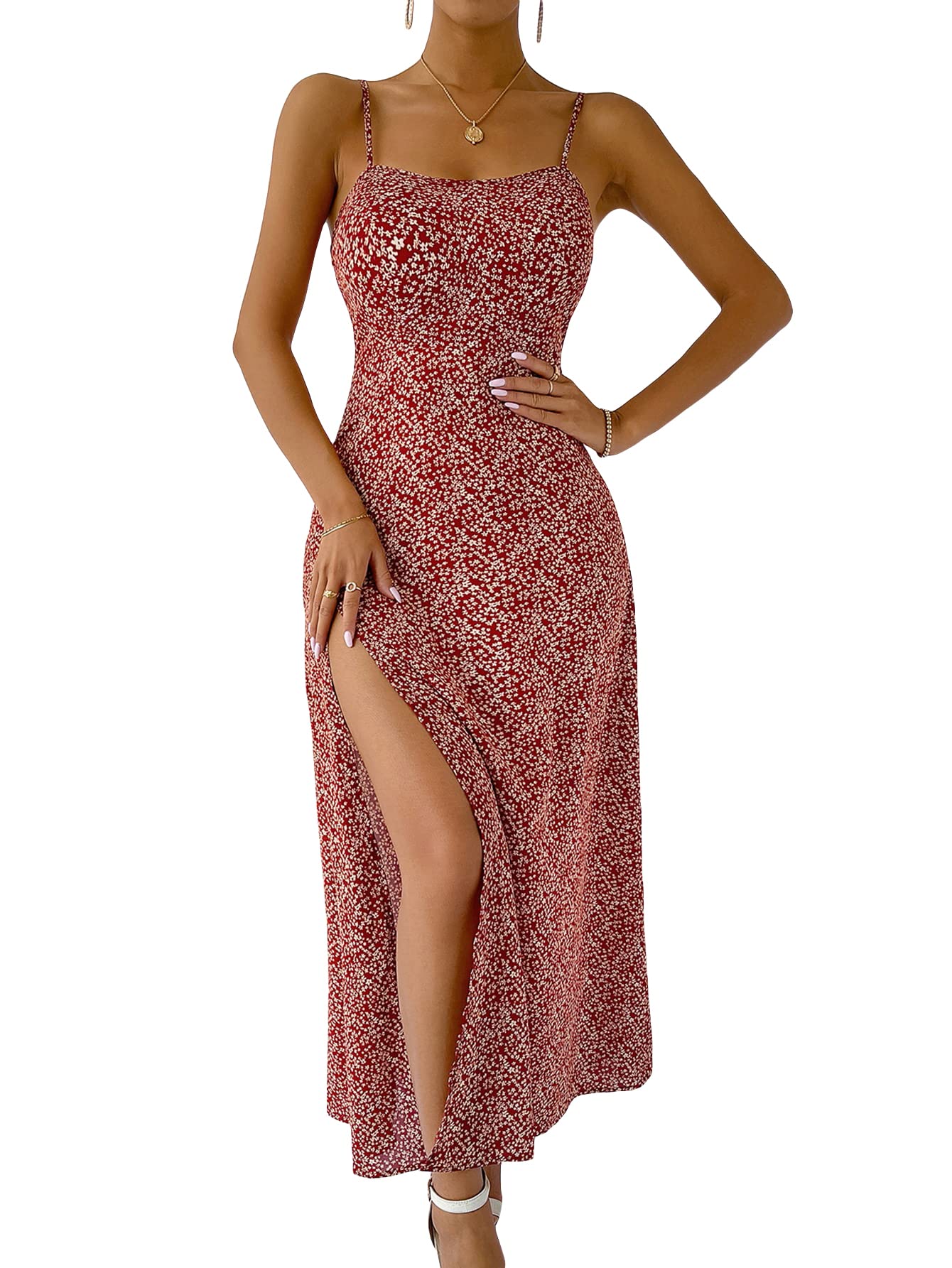SheIn Women's Ditsy Floral Print Side Split Maxi Dress - Sleeveless Boho Cami Long Summer Dress for Beach Vacation, Party & Casual Outings
