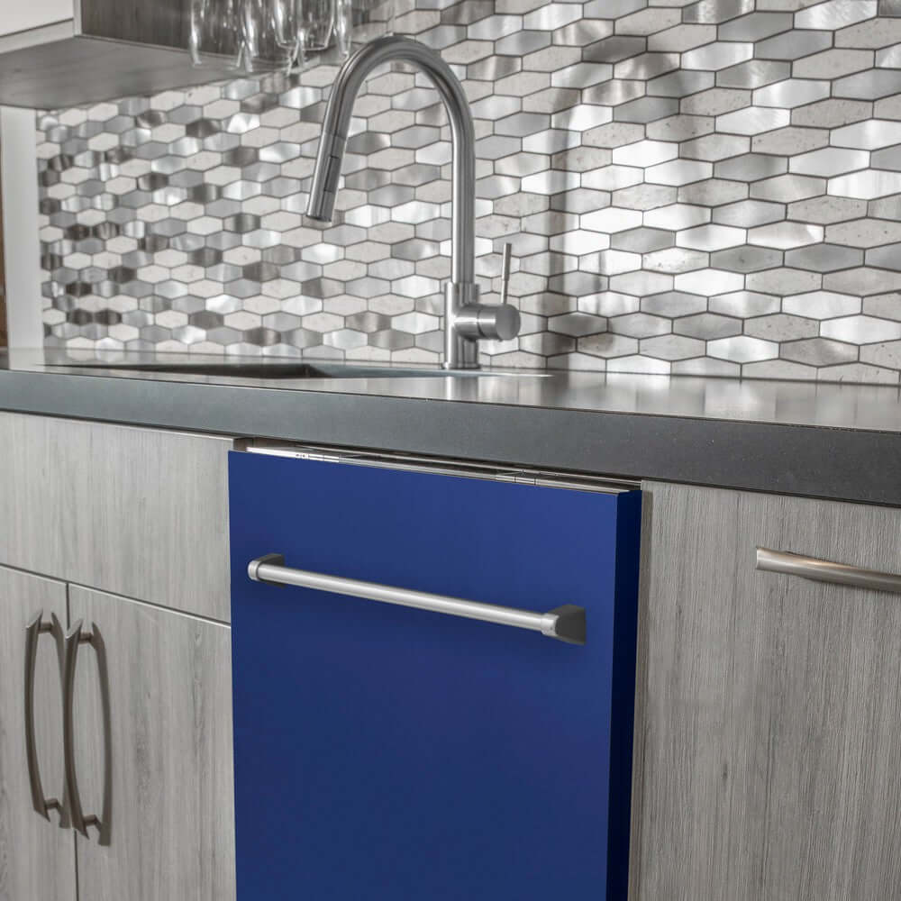 ZLINE 24 Inch Built-In Dishwasher with Blue Matte Finish, Stainless Steel Tub & Traditional Handle - Ultra Quiet 52dBa (DW BM 24) - Perfect for Modern Kitchens & Small Spaces