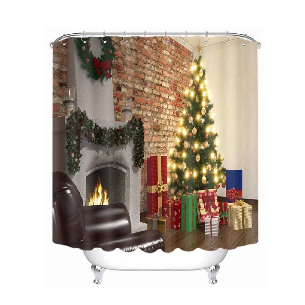 3D Printed Christmas Fireplace Polyester Shower Curtain - Waterproof Bathroom Decor with Hooks (180x200cm) - Perfect Holiday Gift for Home, Bathroom & Festive Decorations