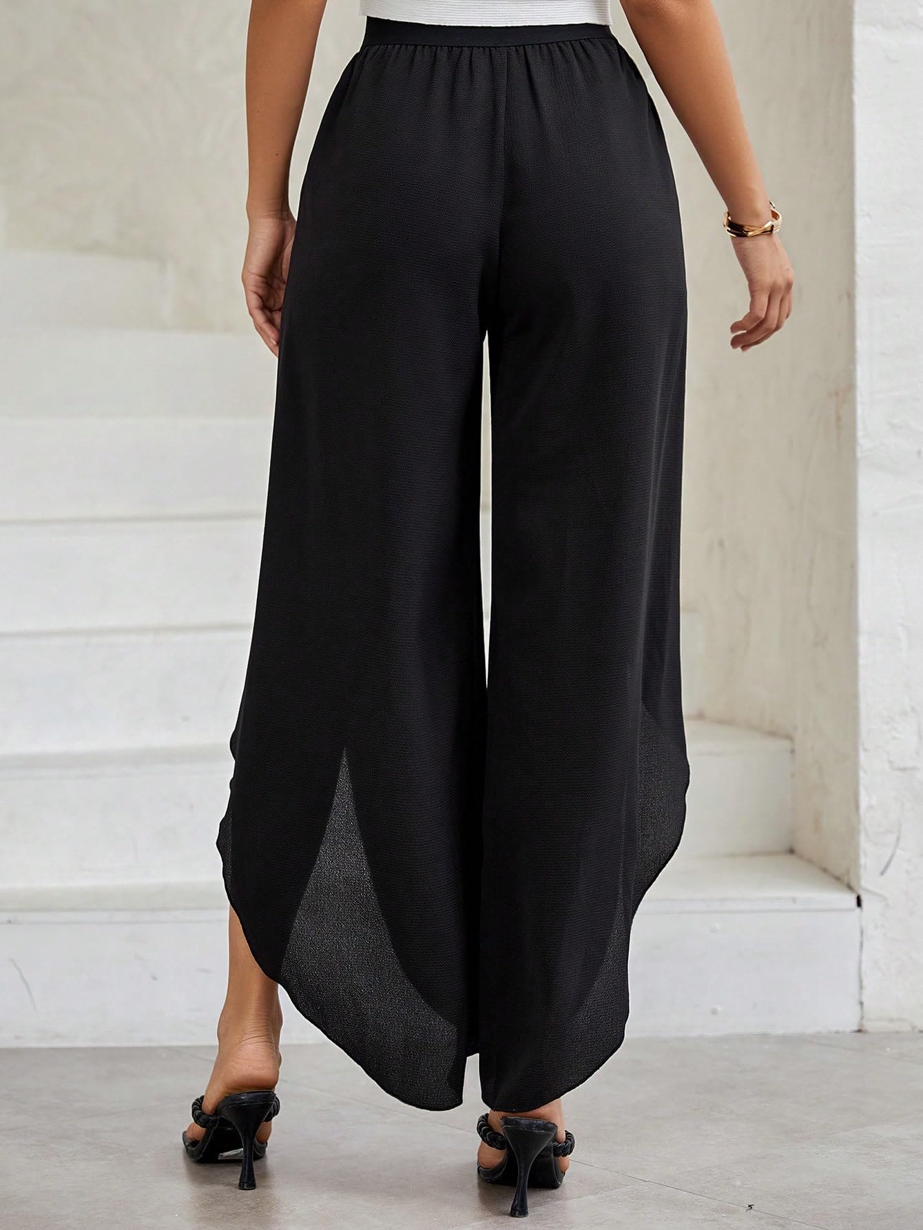 WDIRARA Women's High Waisted Stretchy Wide Leg Pants - Elastic Waistband, Asymmetrical Hem, Casual Lounge Pants for Work, Travel & Everyday Wear