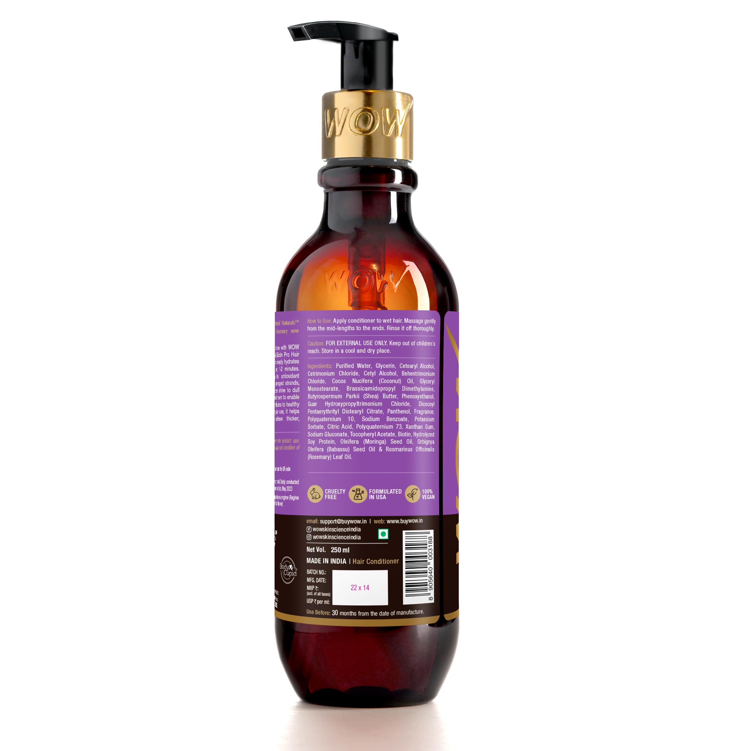 WOW Skin Science Rosemary & Biotin Hair Conditioner for Hair Growth - Anti Hair Fall, Prevents Tangles & Revives Dull Hair - 250ml (Pack of 1) - Perfect for Daily Hair Care & Damaged Hair Repair