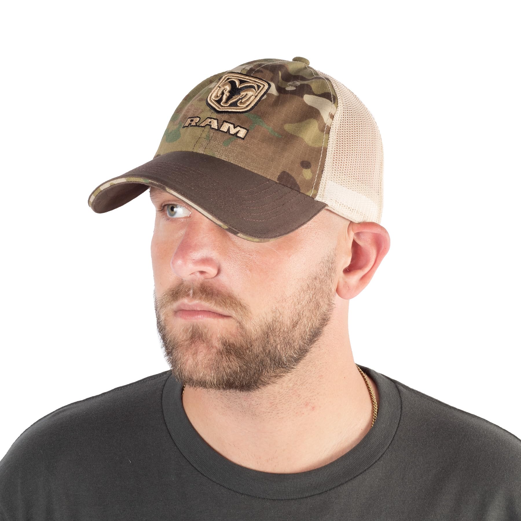 RAM Trucks Logo Shield Camo Trucker Hat - Structured 6-Panel Cap, One Size - Perfect for Outdoor Adventures, Camping, and Casual Wear