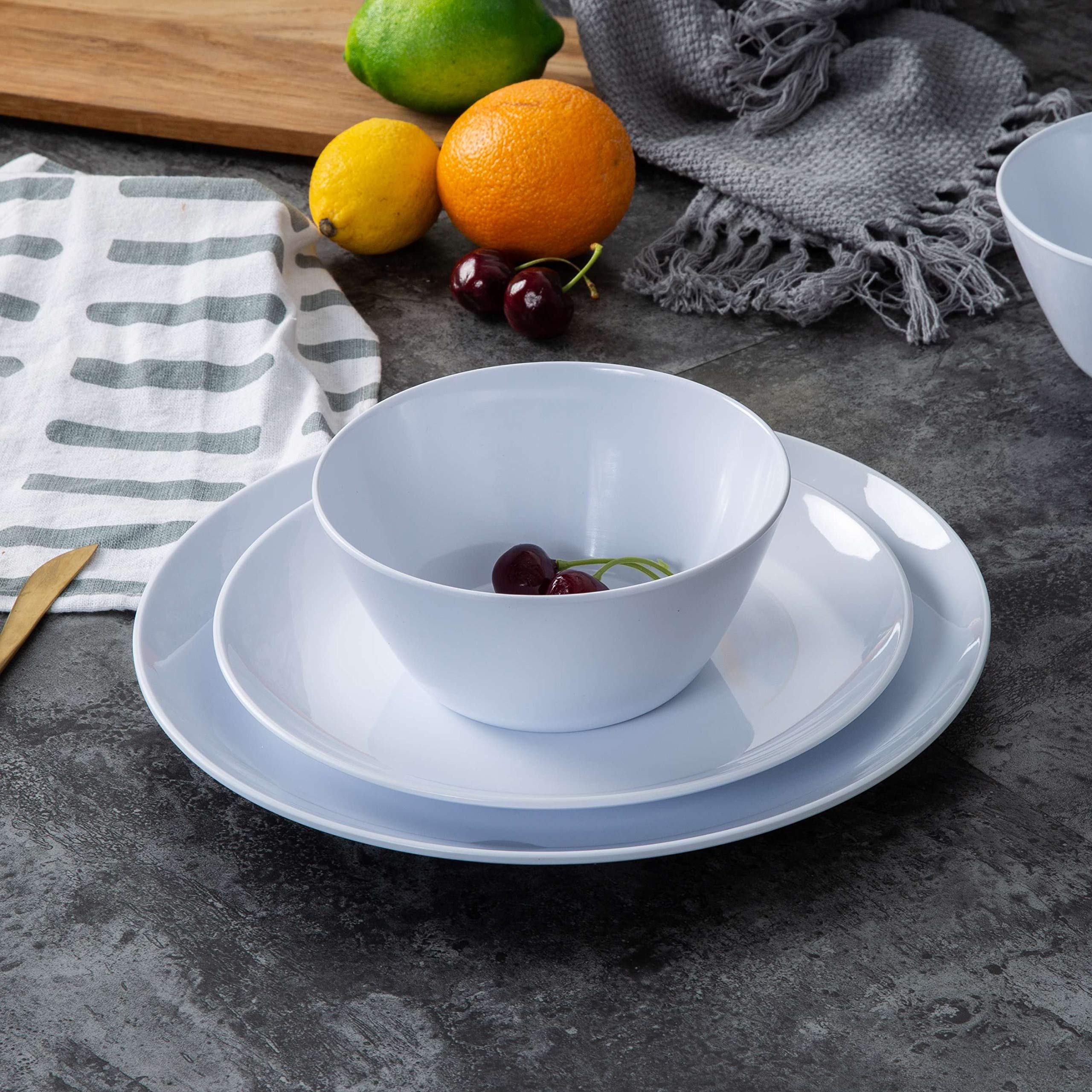 Premium 12-Piece Melamine Dinnerware Set - 4-Person Plates & Bowls for Indoor/Outdoor Dining | Dishwasher Safe, Lightweight & Durable White Tableware | Perfect for Picnics, Camping & Everyday Use