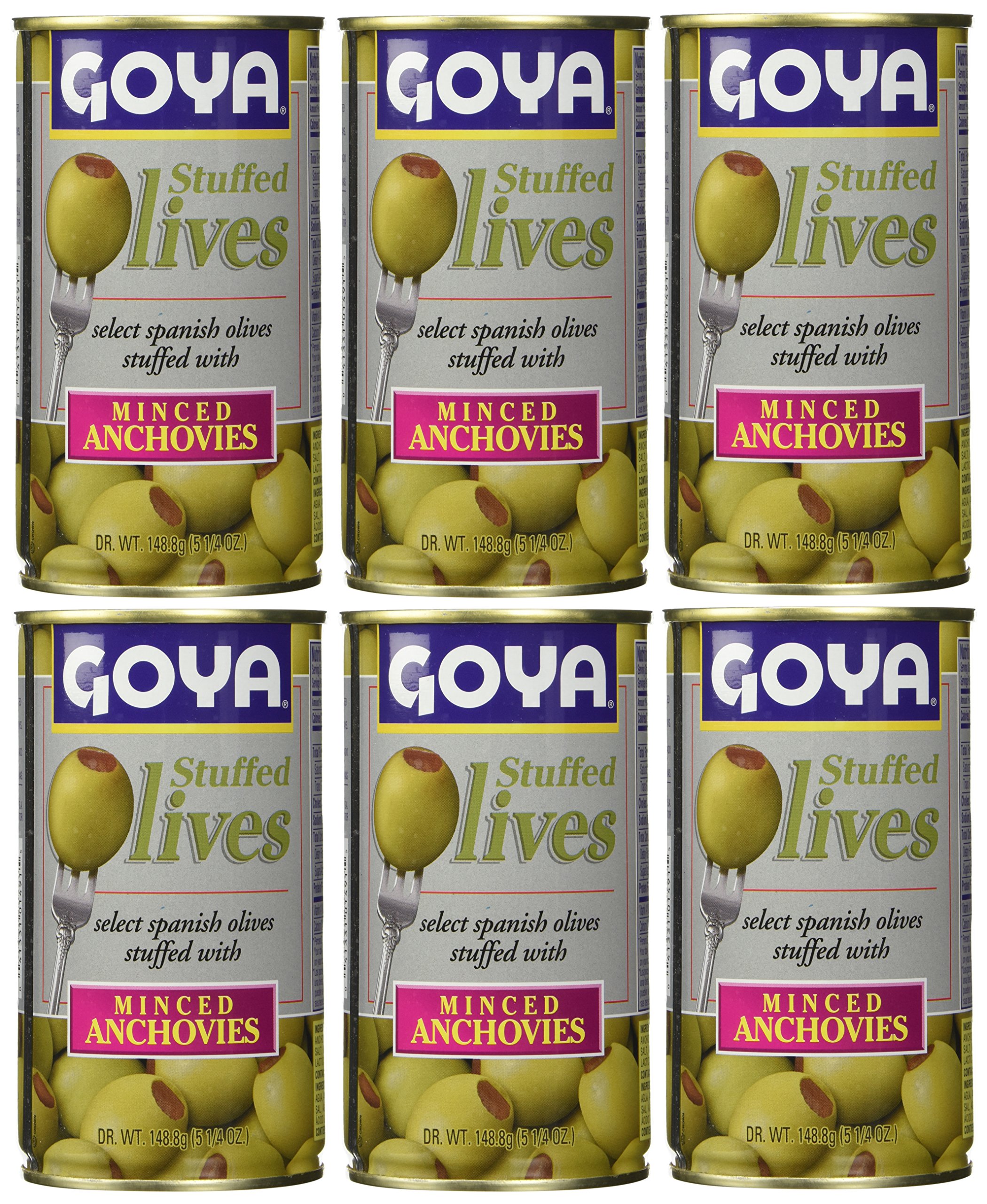 Goya Stuffed Olives with Minced Anchovies - 5.25 Oz (6-Pack) | Premium Spanish Appetizer for Charcuterie Boards, Tapas & Cocktail Parties