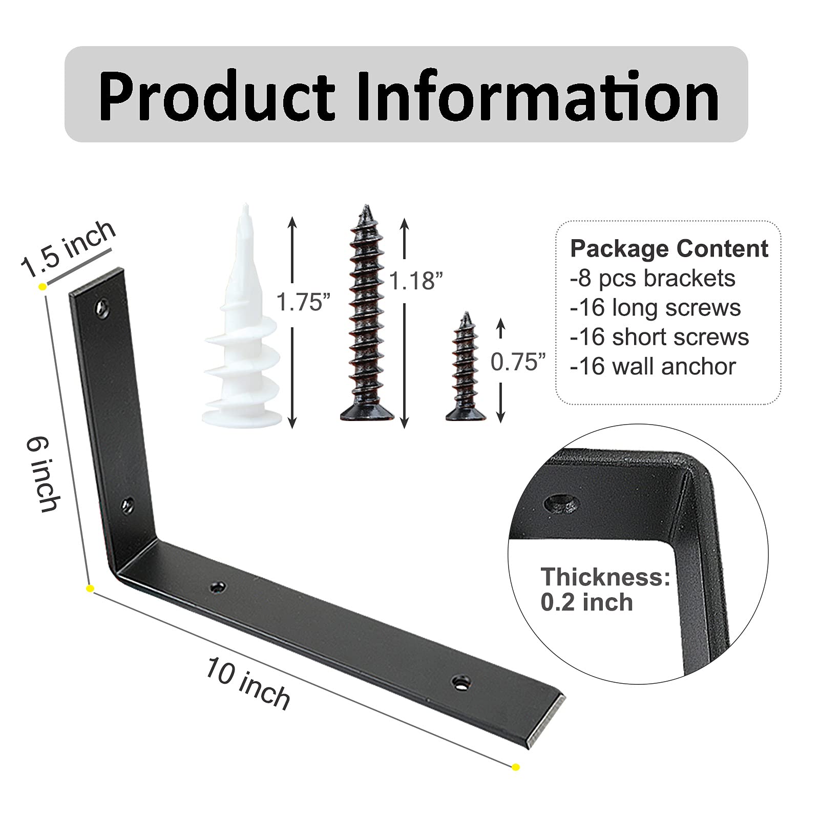 10 Inch Heavy Duty Black Metal Shelf Brackets - 8PCS Rustic Industrial L-Shaped Wall Mounts for DIY Shelving Projects | Perfect for Garage Storage, Bookshelves & Home Organization