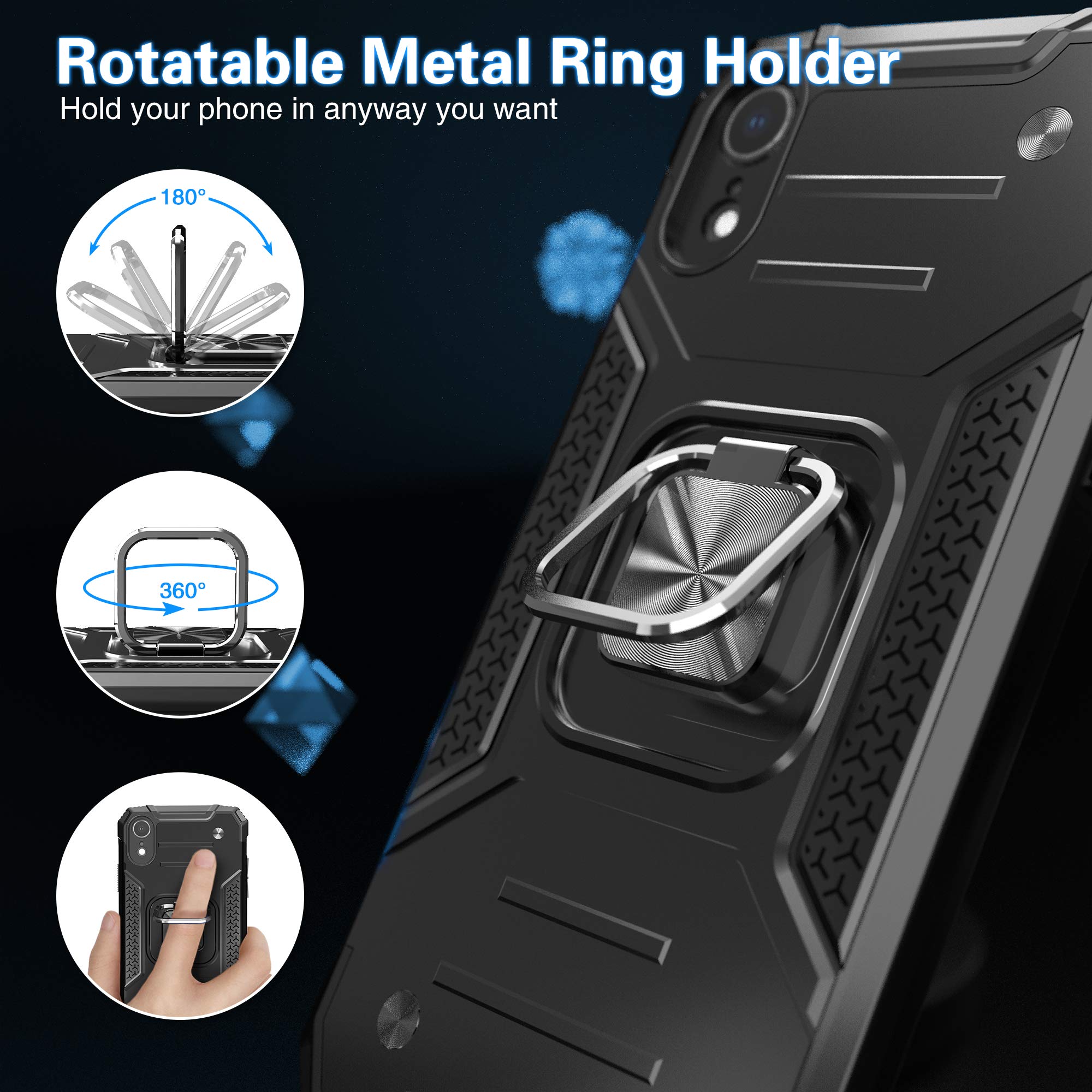 **Shockproof iPhone XR Case with Built-in Screen Protector - Heavy Duty Drop Tested, Lightweight Protective Cover with Kickstand & Car Mount - Perfect for Outdoor, Travel & Daily Use (Black)**