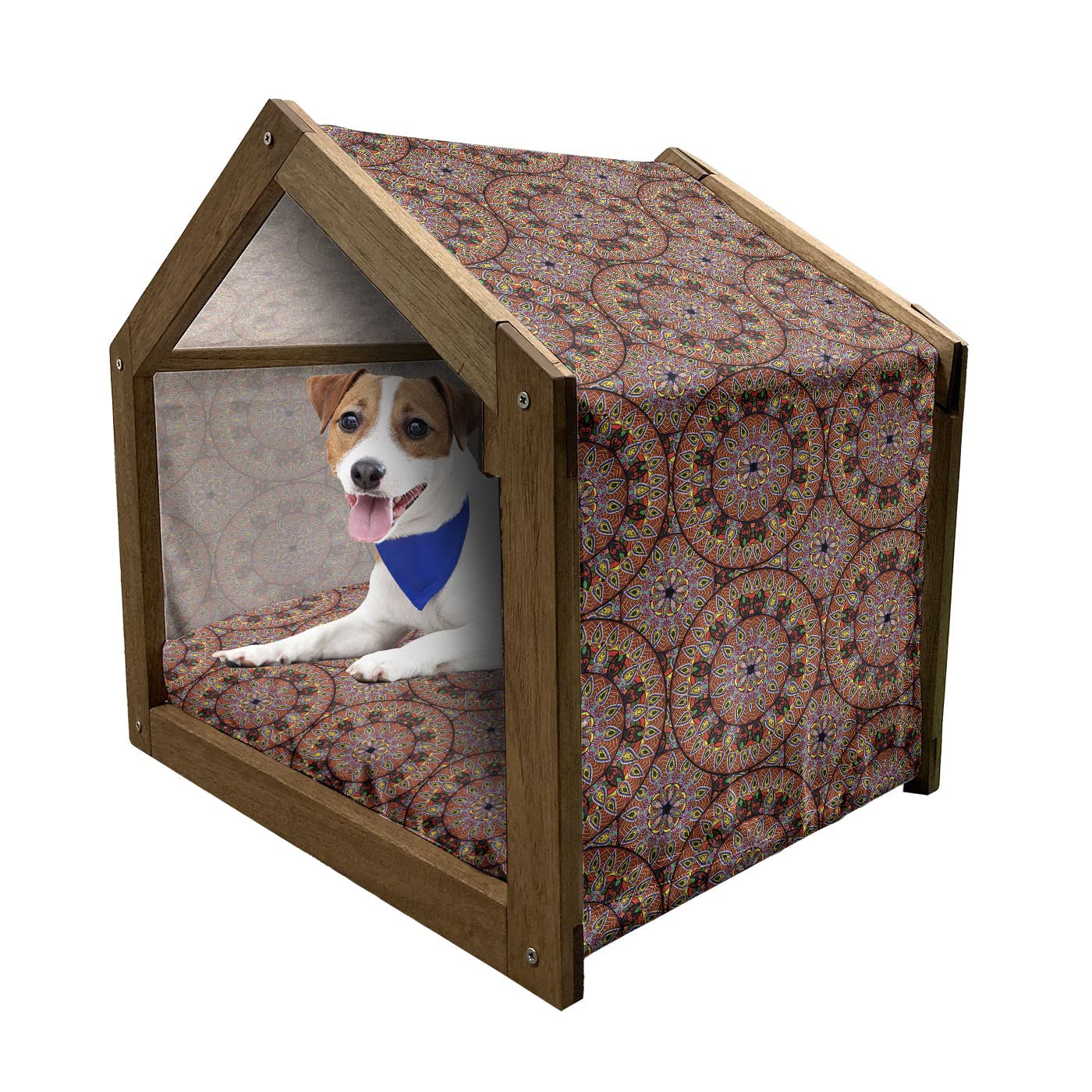 Ambesonne Bohemian Wooden Pet House - Colorful Round Dog Kennel with Floral Peruvian Motifs, Indoor & Outdoor Portable Dog Bed with Pillow & Cover, Large Size, Multicolor - Perfect for Boho Home Decor & Backyard Pet Shelter