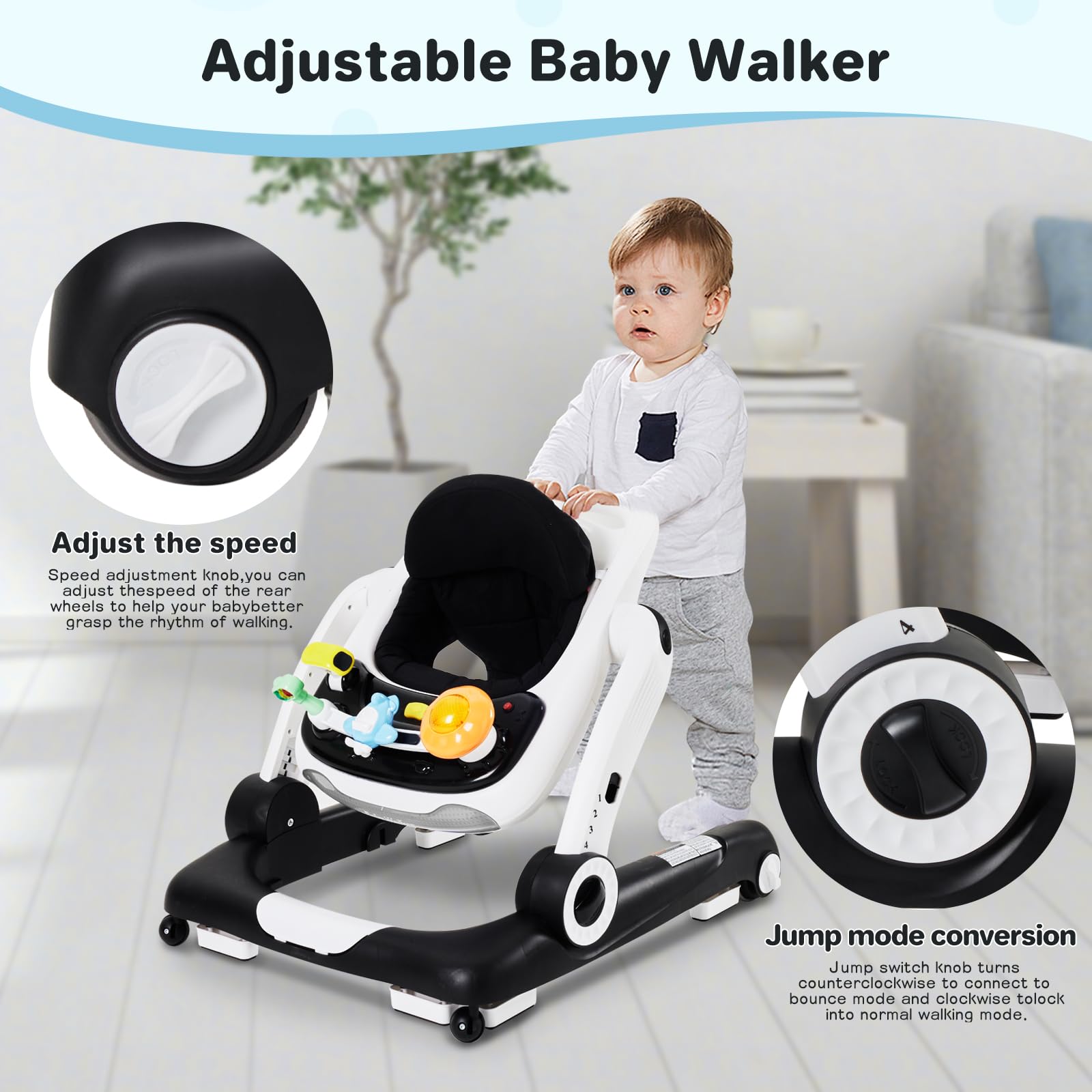 4-Gear Height Adjustable Baby Walker with Wheels - 5-in-1 Activity Center with Music & Lights - Safe Push Walker for Infants 6-18 Months (Adjustable Speed) - Perfect for Learning to Walk, Playtime & Early Development
