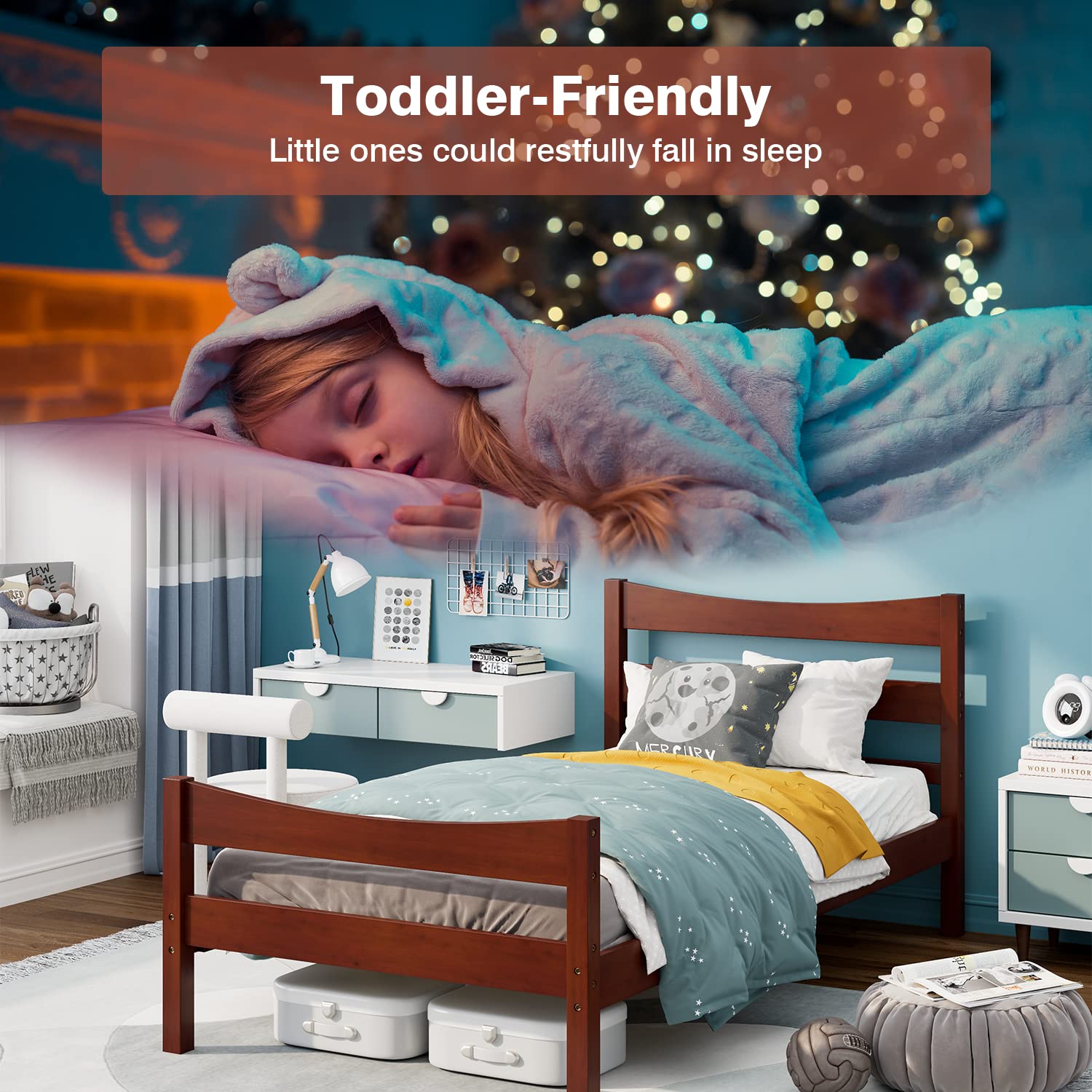 NAFORT Twin Size Wood Bed Frame with Headboard & Footboard - Solid Pine Platform Bed for Kids, No Box Spring Needed - Walnut Finish | Perfect for Boys & Girls Bedrooms, Dorm Rooms & Guest Rooms