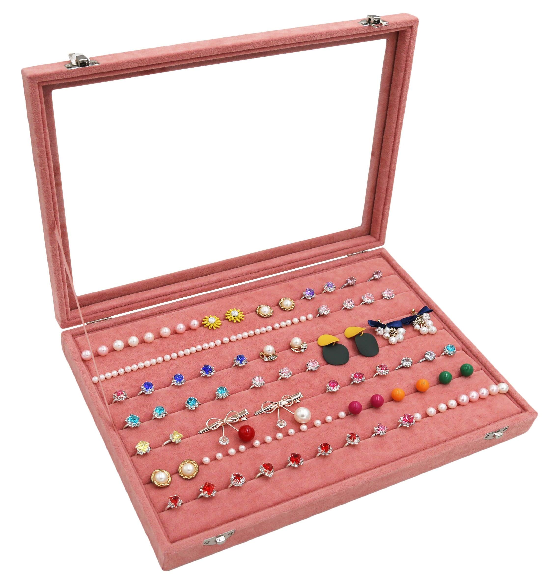 Velvet Jewelry Organizer Box with Clear Lid - Stackable Ring & Earring Storage Display Tray - Perfect for Bedroom Vanity, Travel & Gift Packaging
