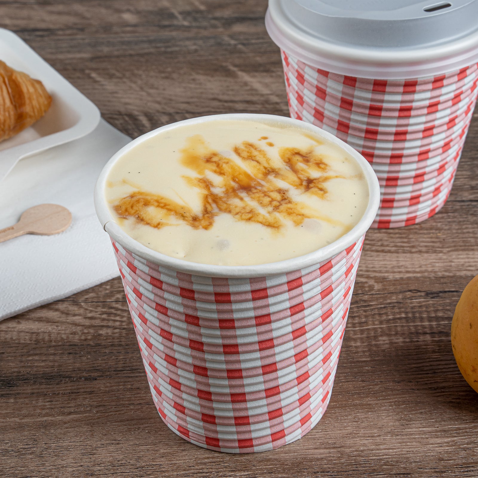8 oz Disposable Paper Coffee Cups with Picnic Print - Spiral Wall Design - 3.5