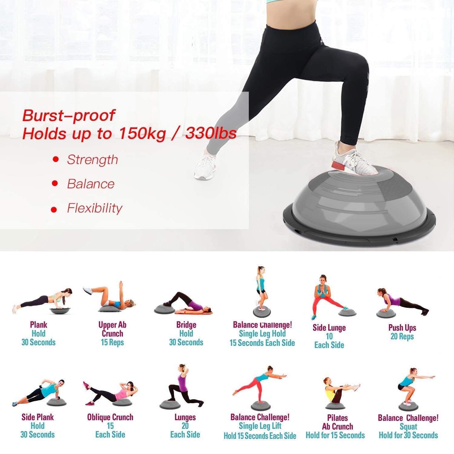 EVERYMILE 23.6 Inch Anti-Skid Balance Ball Trainer with Resistance Bands & Pump - Stability Yoga Exercise Ball for Core Training, Home Gym Workouts, Pilates & Pregnancy Fitness