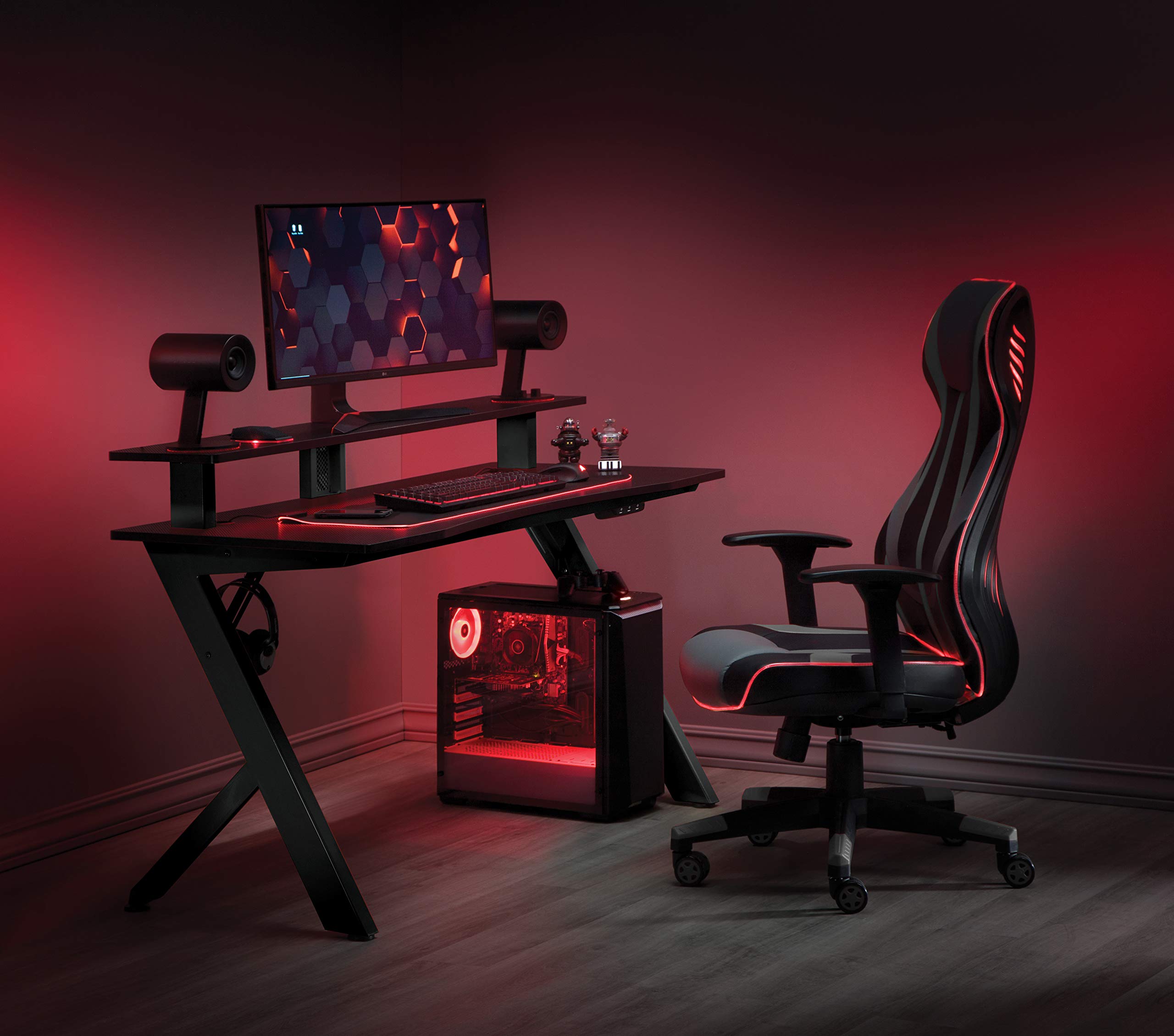 OSP Home Furnishings Area51 Battlestation Gaming Desk with Bluetooth RGB LED Lights - Ergonomic Computer Desk for Gamers & Streamers - Matte Black Gaming Desk for PC Setup, Home Office & Esports